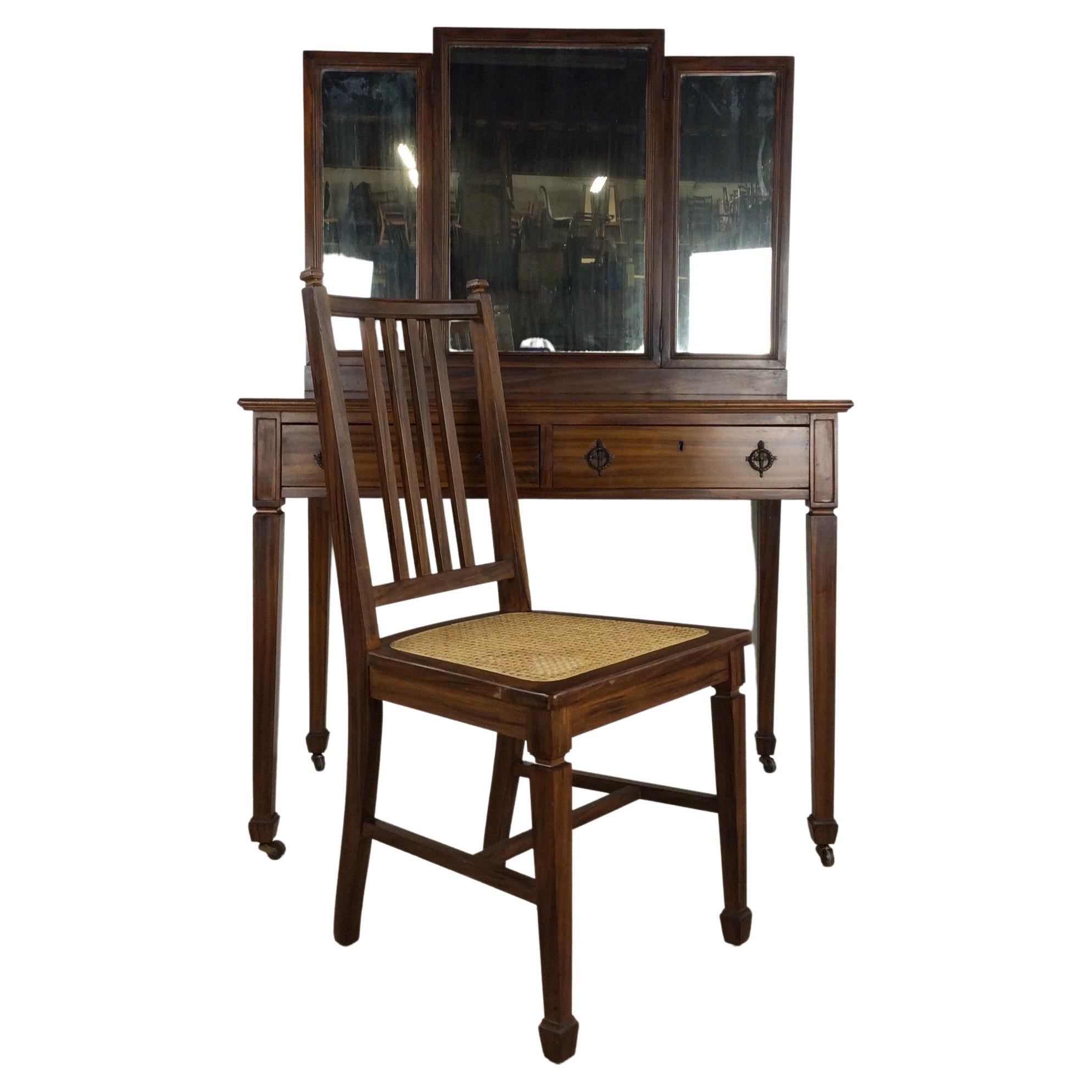 Antique Mahogany Mirrored Vanity with Caned Seat For Sale