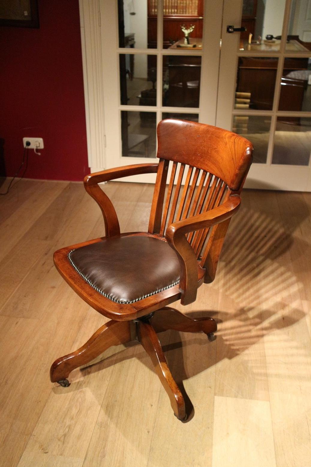 Antique mahogany office chair with new brown leather seat. Chair is in very good condition. Height adjustable and with adjustable swing mechanism. Stands on original iron wheels
Origin: England
Period: circa 1900.