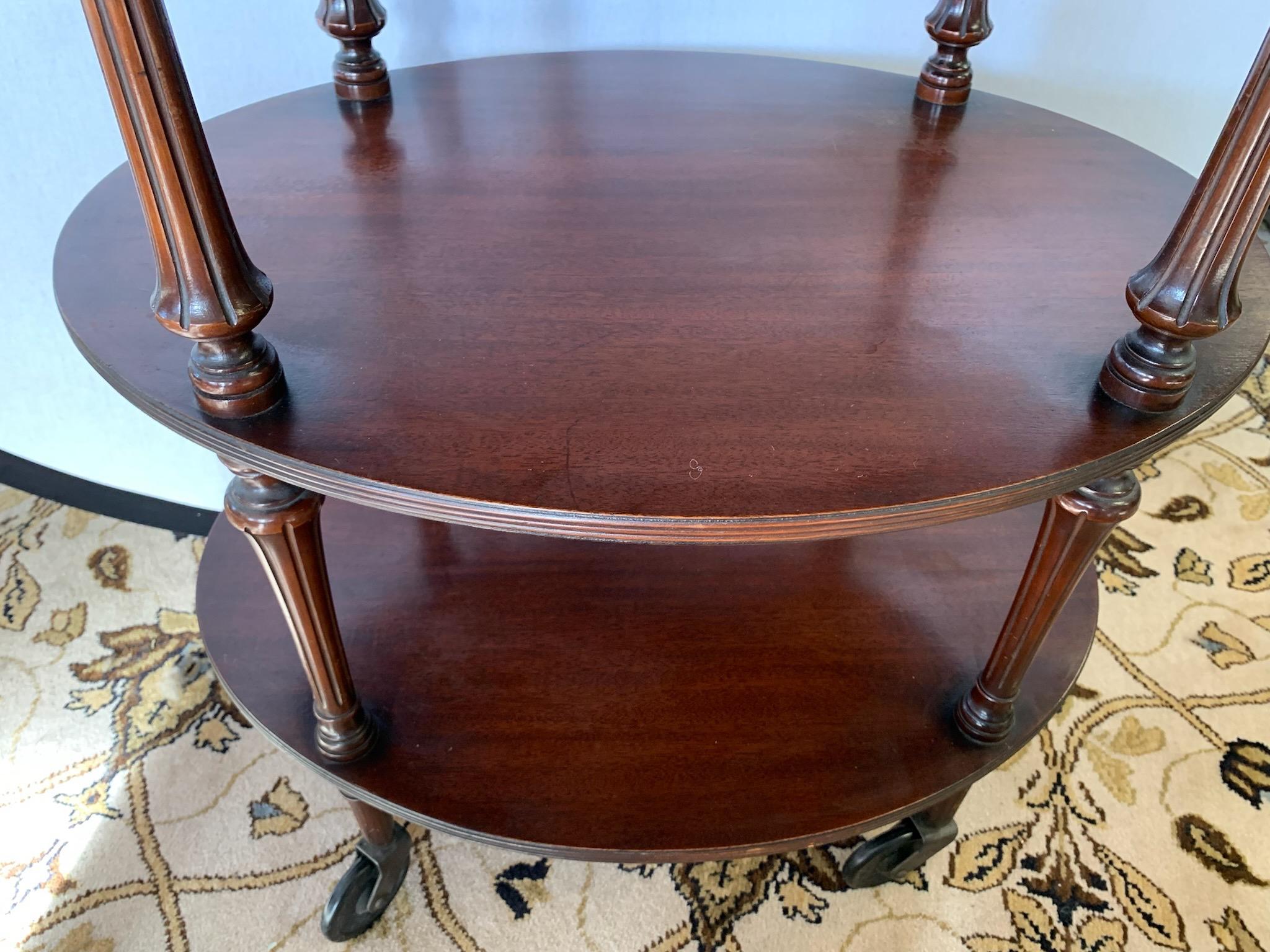 Antique Mahogany Oval Tiered Drinks Tea Trolley End Table In Good Condition In West Hartford, CT