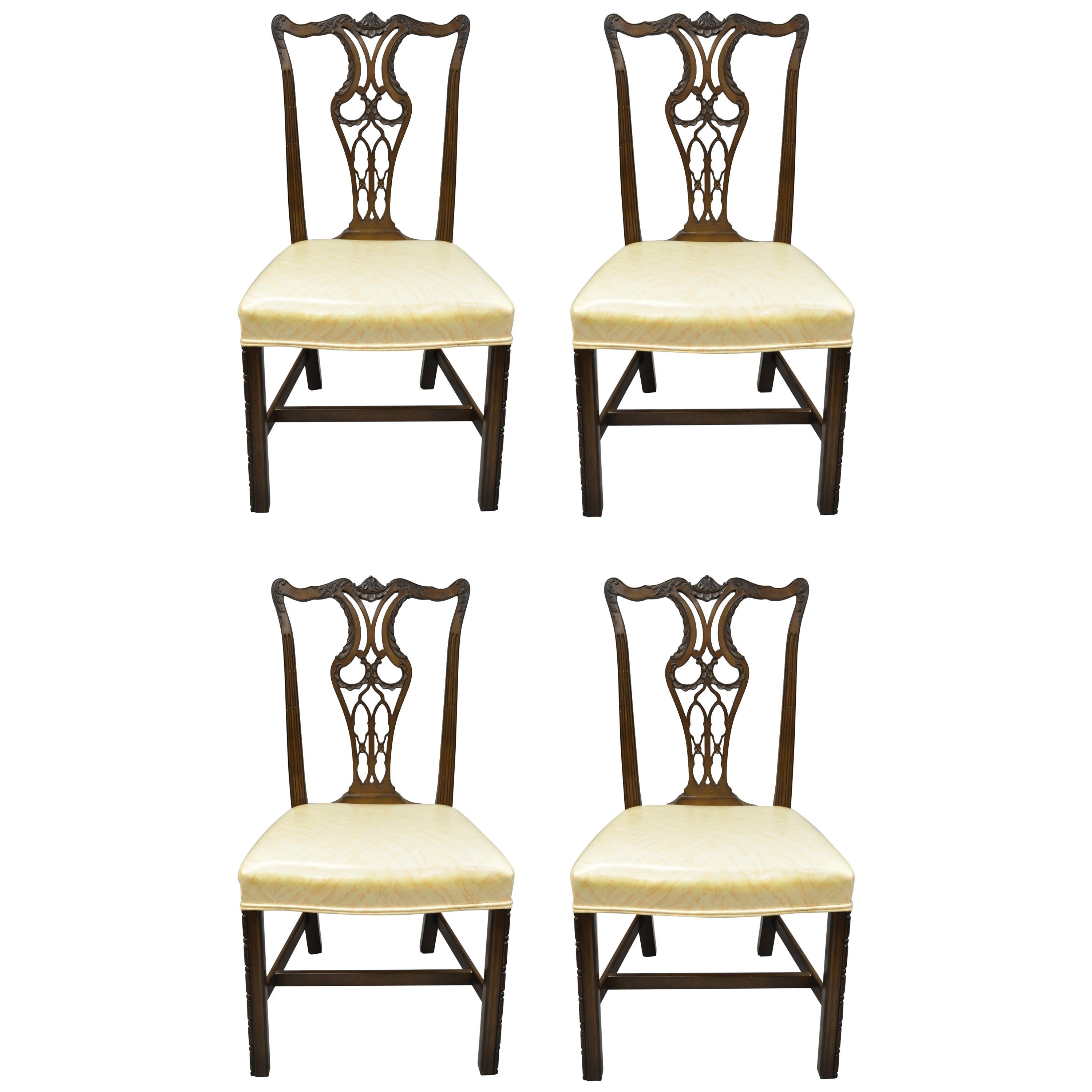 Antique Mahogany Pagoda Carved Chinese Chippendale Style Dining Chairs Set of 4