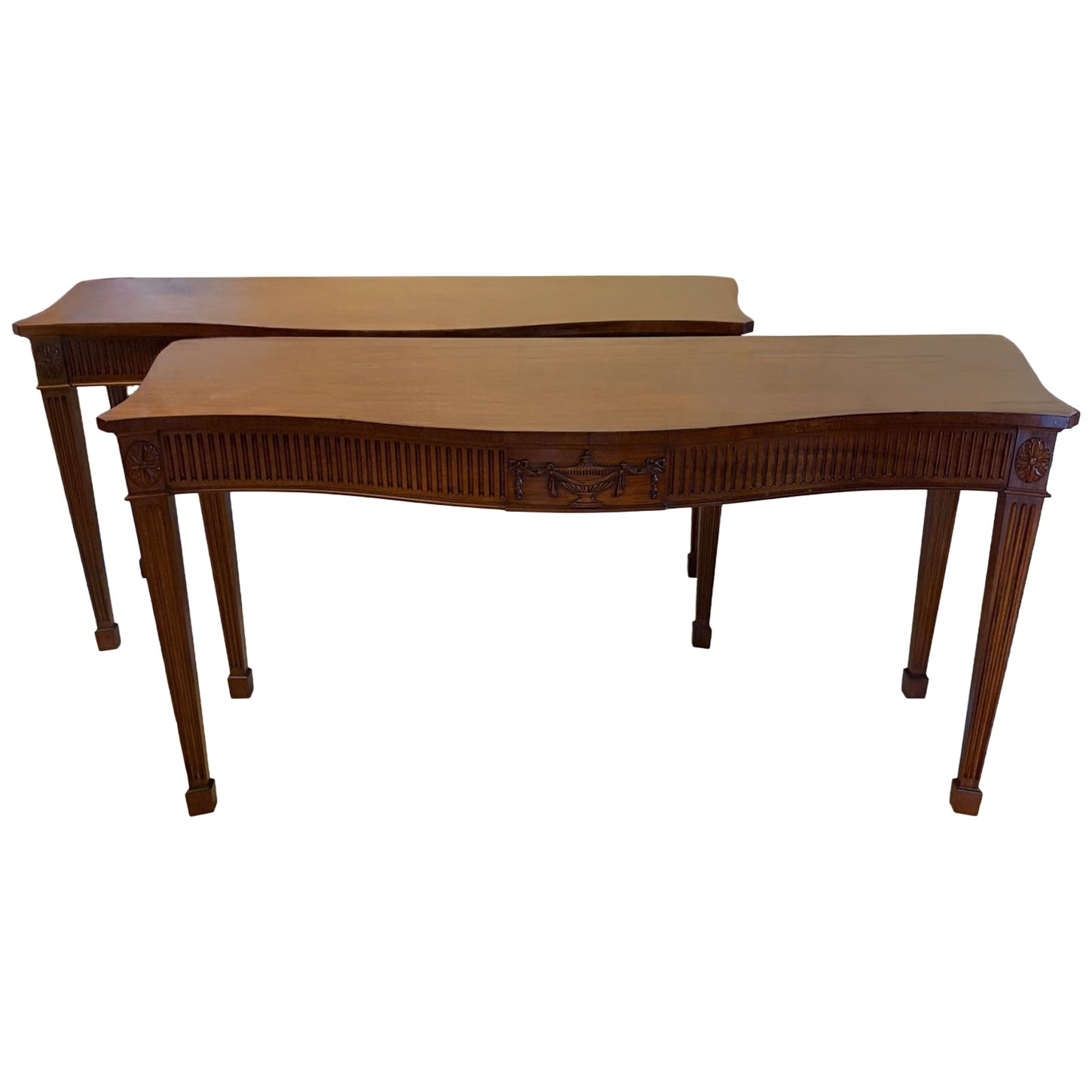 Antique Mahogany Pair of Serpentine Serving Console Tables