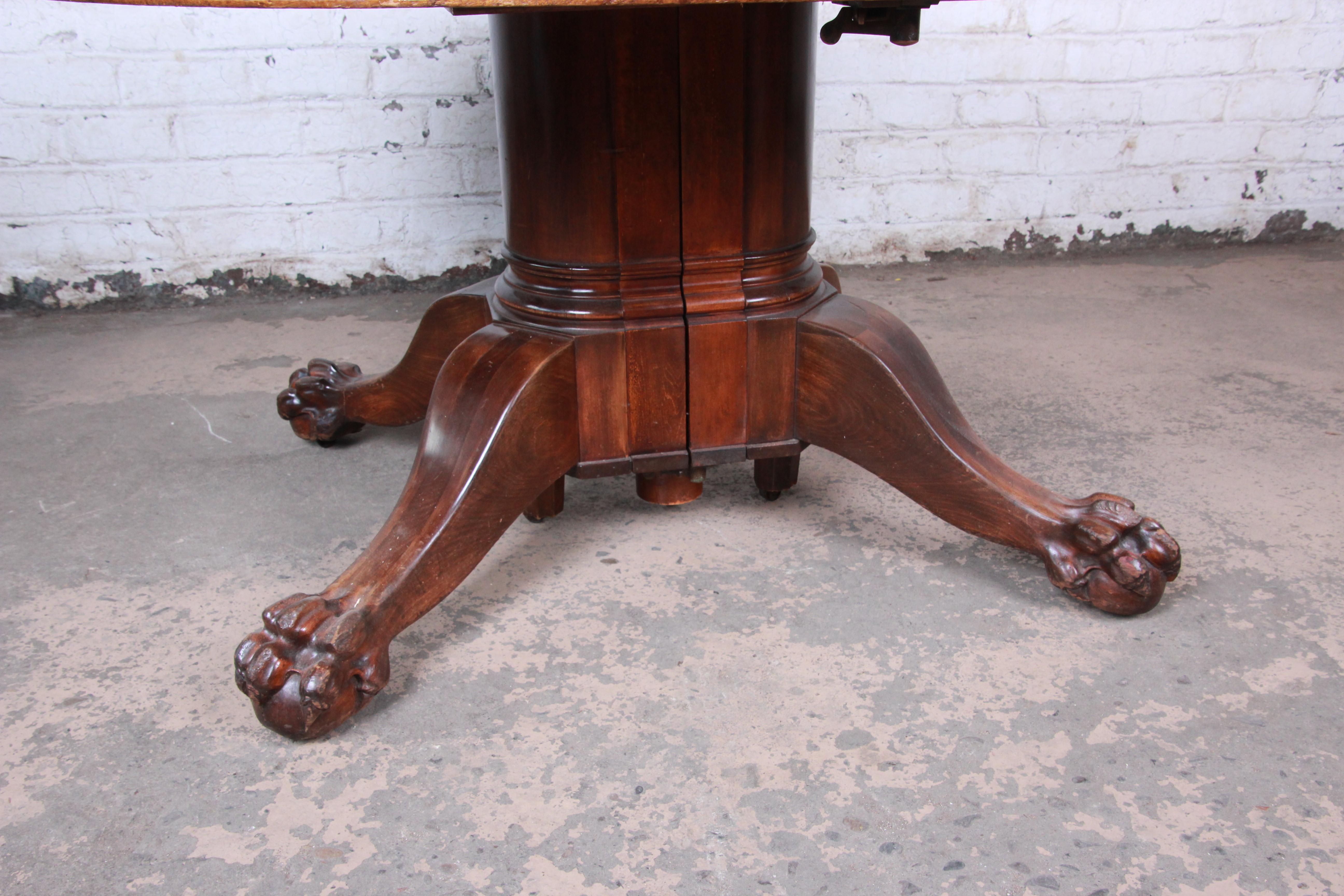 Antique Mahogany Pawfoot Pedestal Extension Dining Table with Eight Leaves 4
