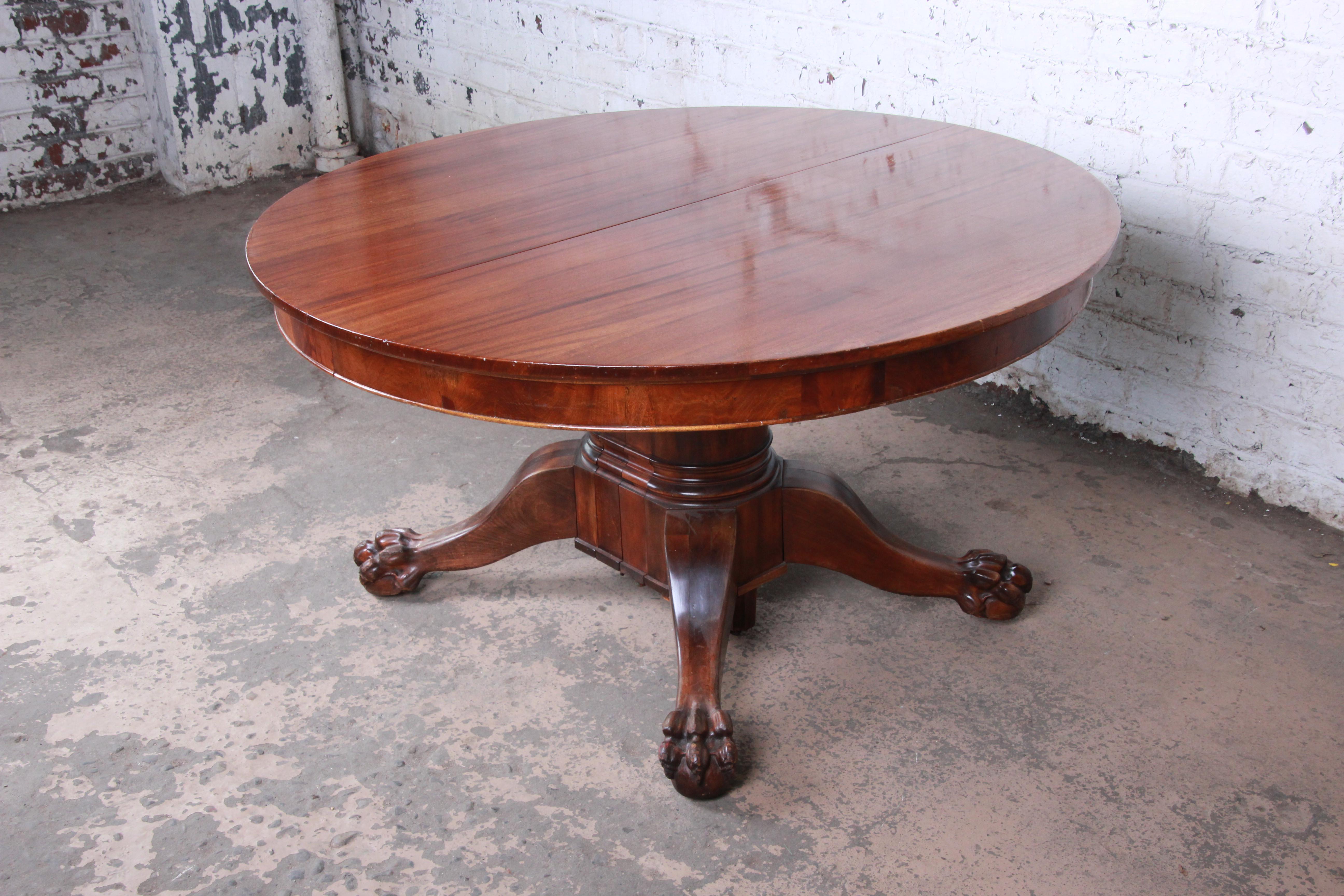 Antique Mahogany Pawfoot Pedestal Extension Dining Table with Eight Leaves 5