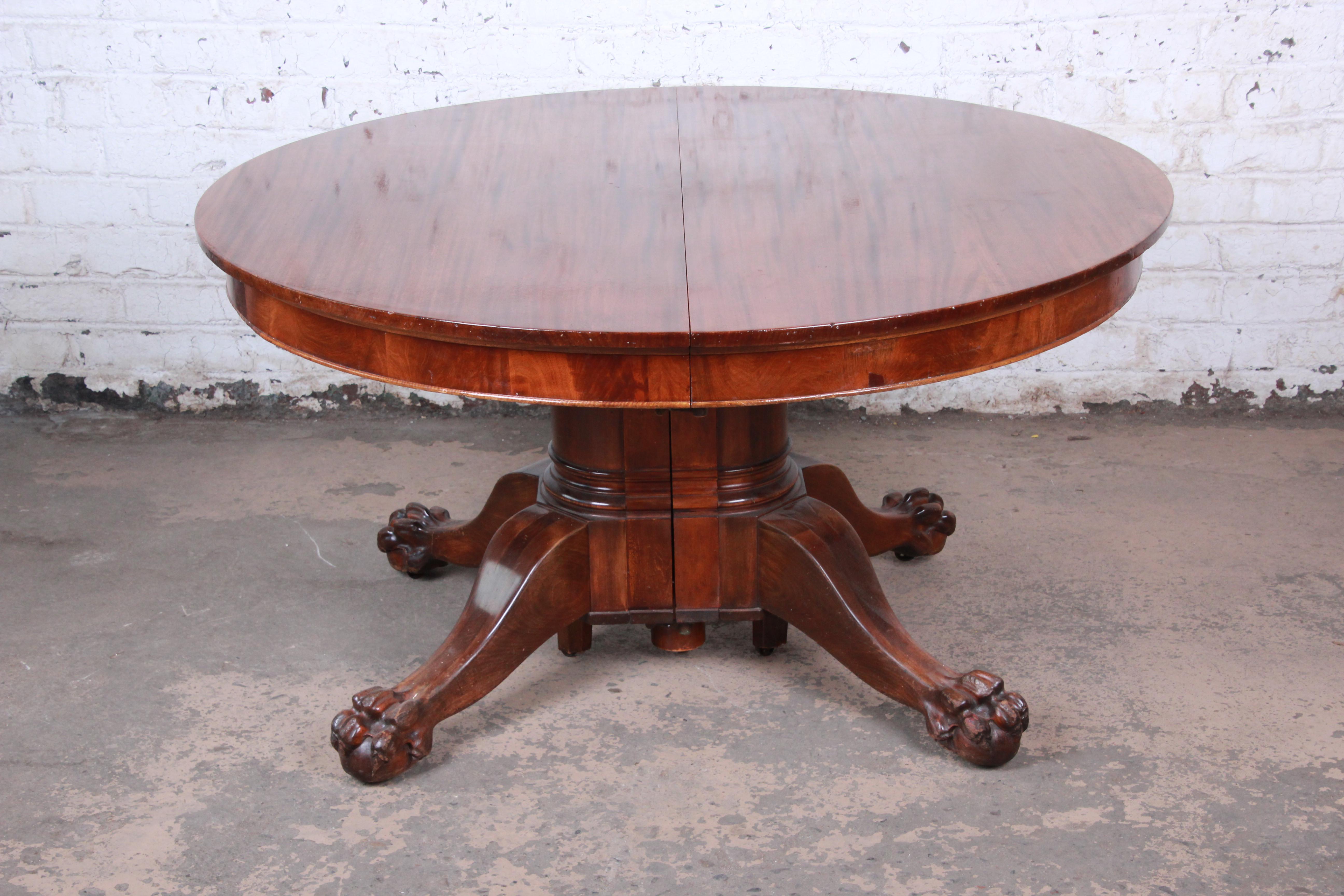 Antique Mahogany Pawfoot Pedestal Extension Dining Table with Eight Leaves 2