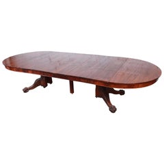 Antique Mahogany Pawfoot Pedestal Extension Dining Table with Eight Leaves