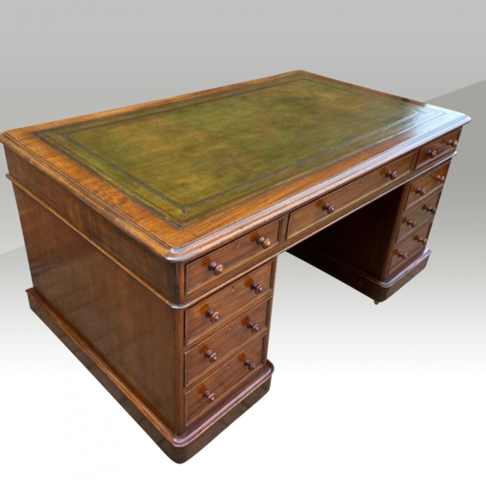 Fabulous antique Mahogany pedestal desk of great proportions 
Tooled leather hide.
3 Drawers over 6 Drawers.
On castors and made in 3 sections, top and 2 pedestals, for ease of transport and installation.
Measures: 60 ins x 35 ins x 30.5 ins