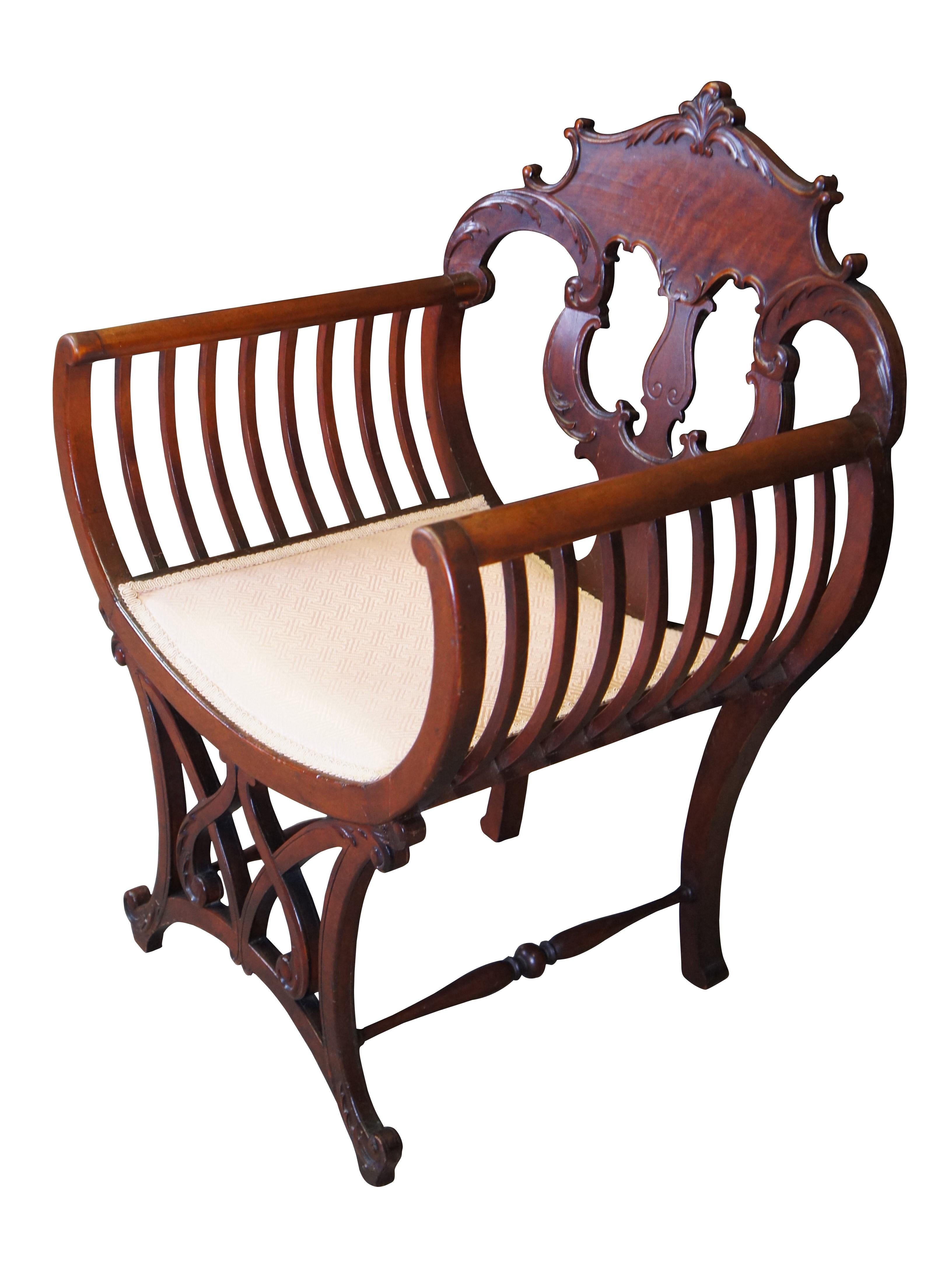 Spanish Colonial Antique Mahogany Pierced Slatted Acanthus Curule Saddle Seat Armchair For Sale