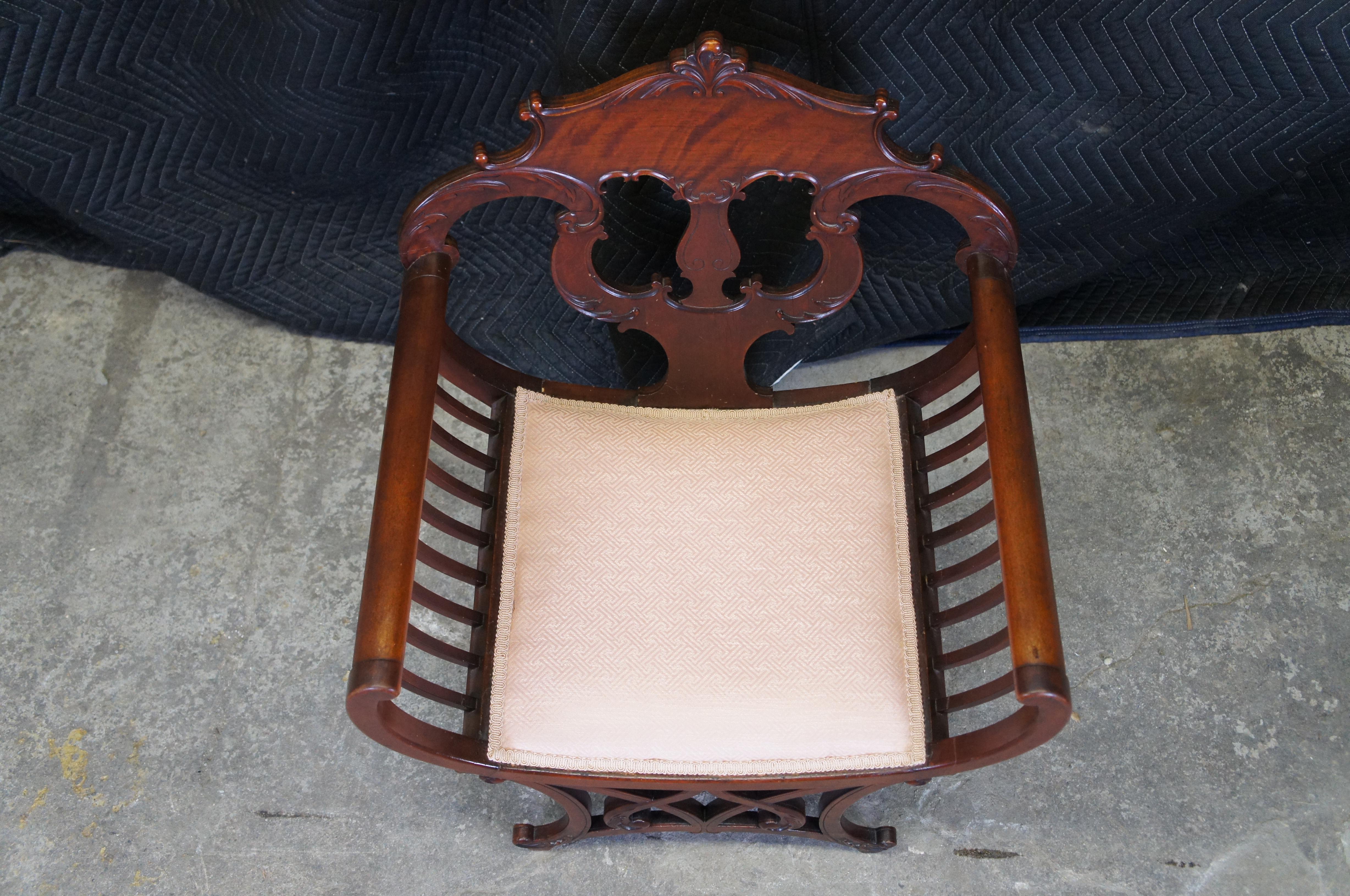 Antique Mahogany Pierced Slatted Acanthus Curule Saddle Seat Armchair In Good Condition For Sale In Dayton, OH