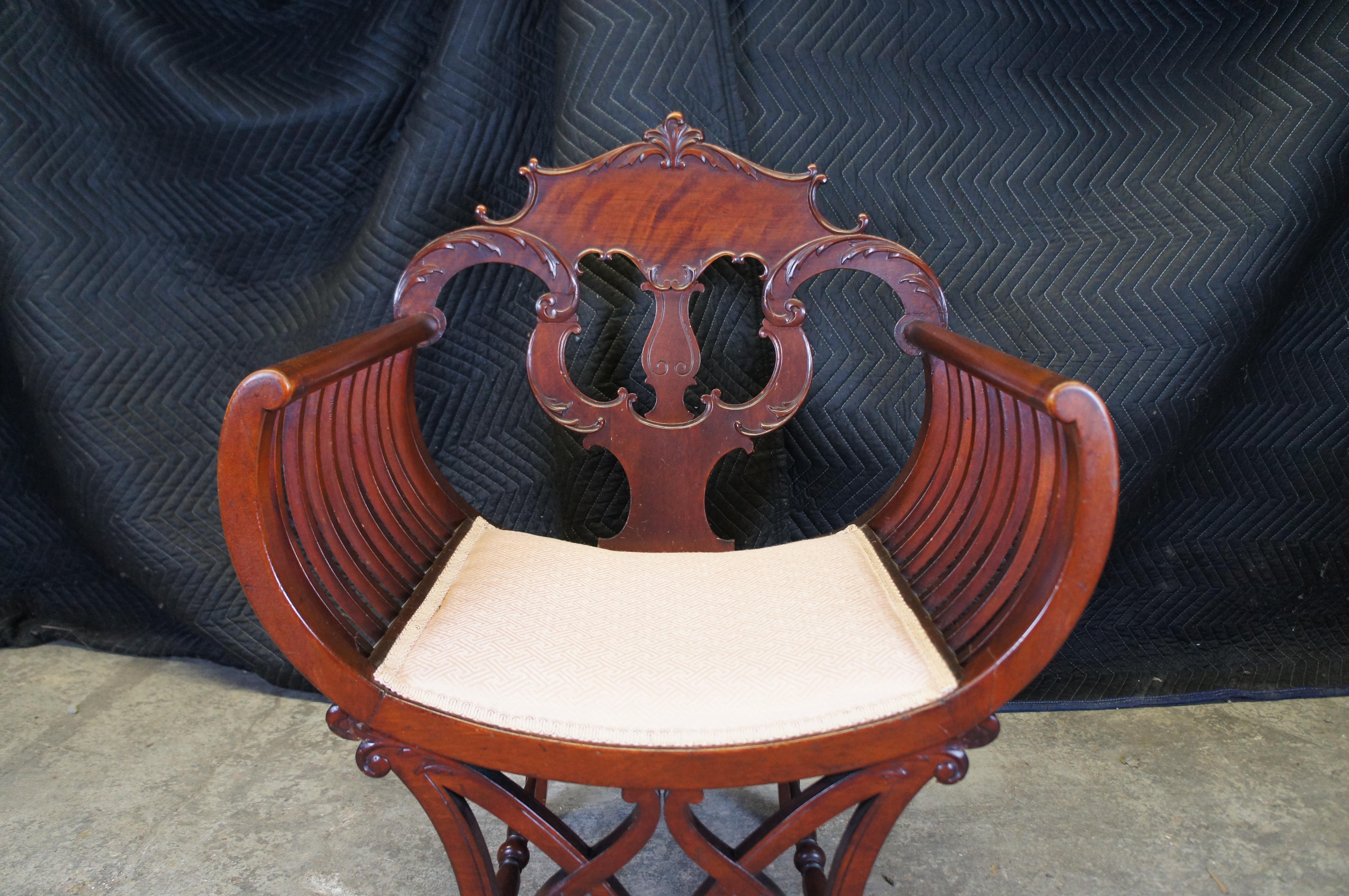Upholstery Antique Mahogany Pierced Slatted Acanthus Curule Saddle Seat Armchair For Sale