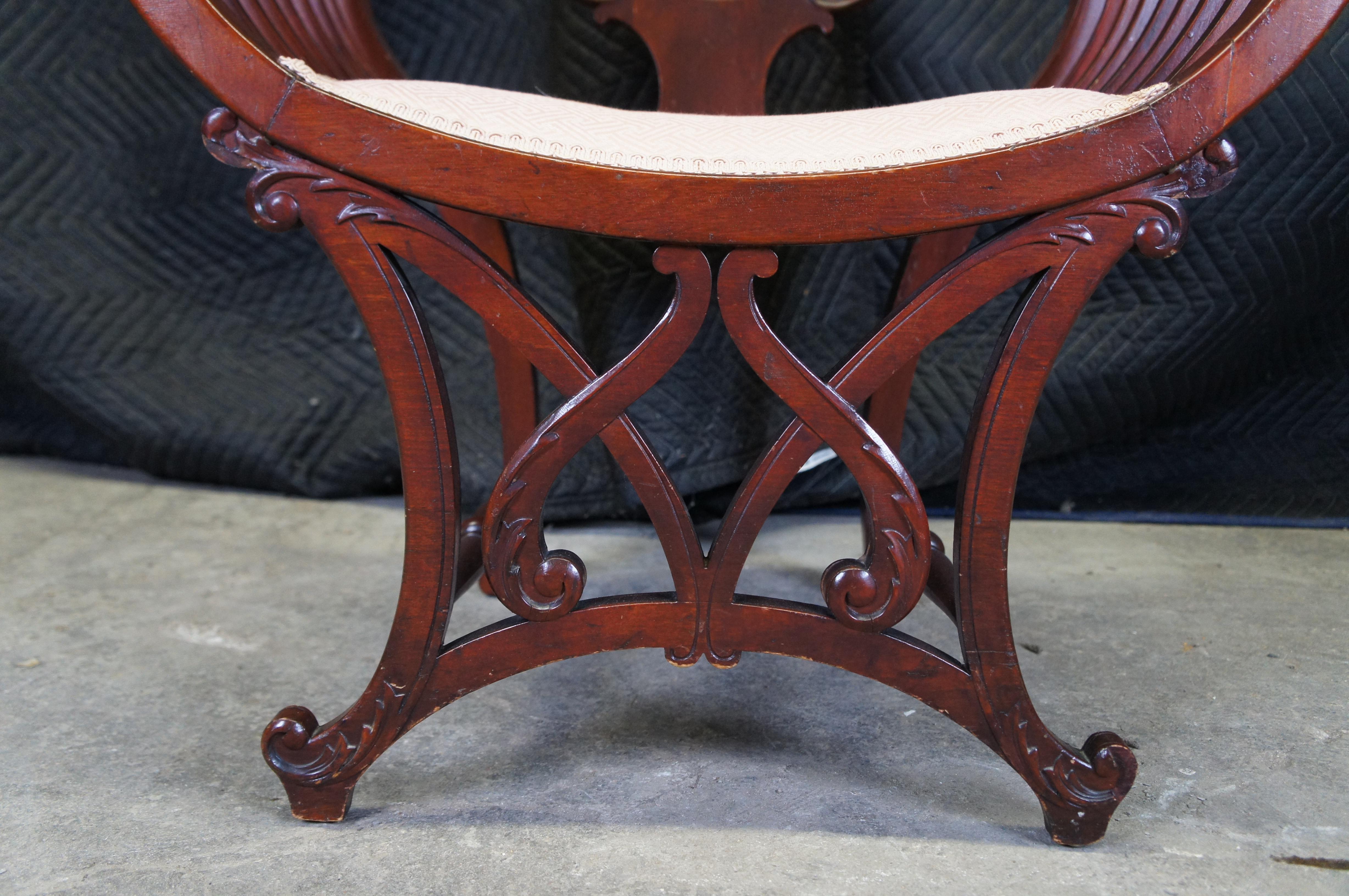 Antique Mahogany Pierced Slatted Acanthus Curule Saddle Seat Armchair For Sale 1