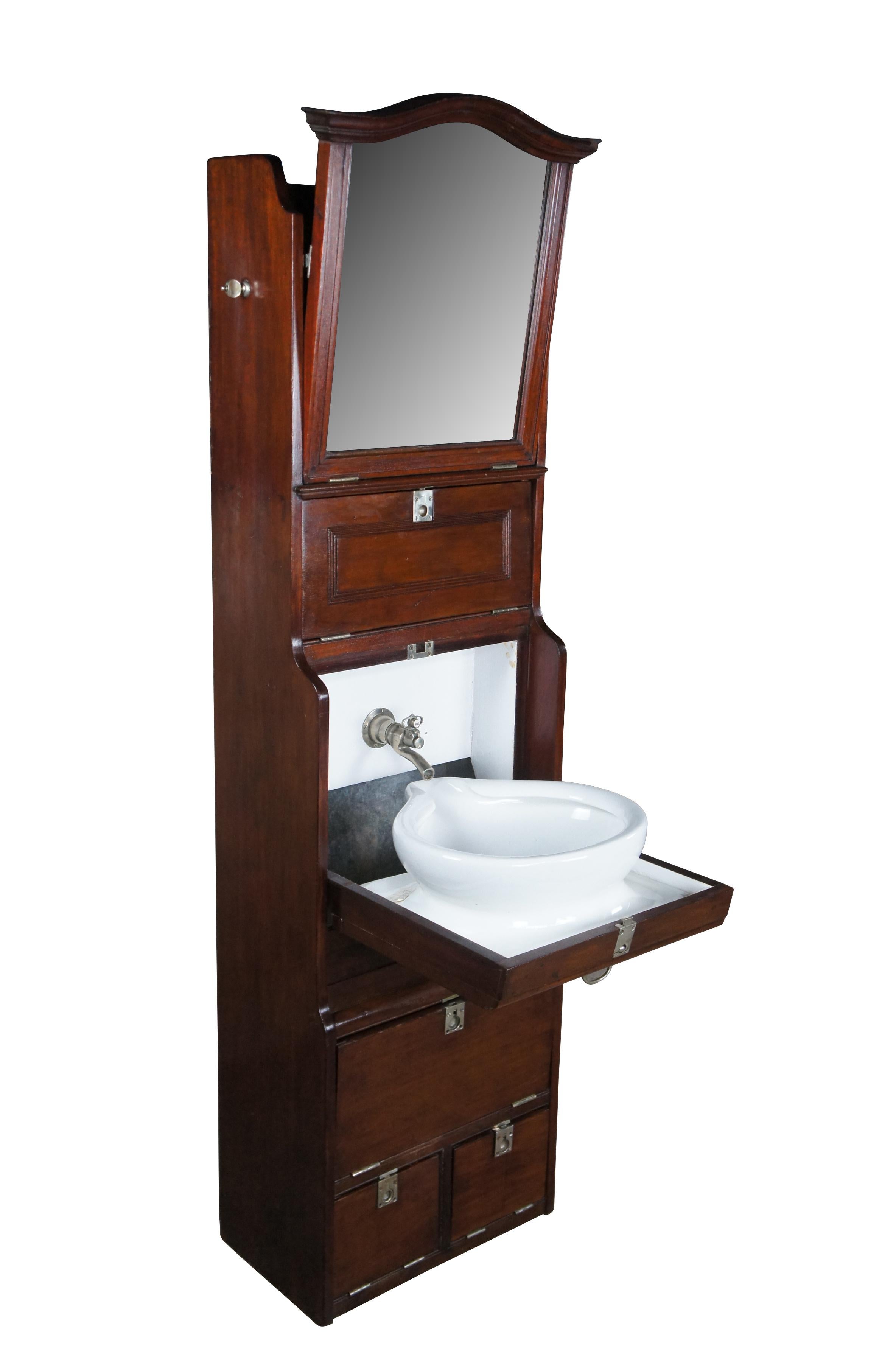 Antique Mahogany Porcelain Nautical Maritime Boat Cabin Sink Wash Basin Cabinet In Fair Condition For Sale In Dayton, OH