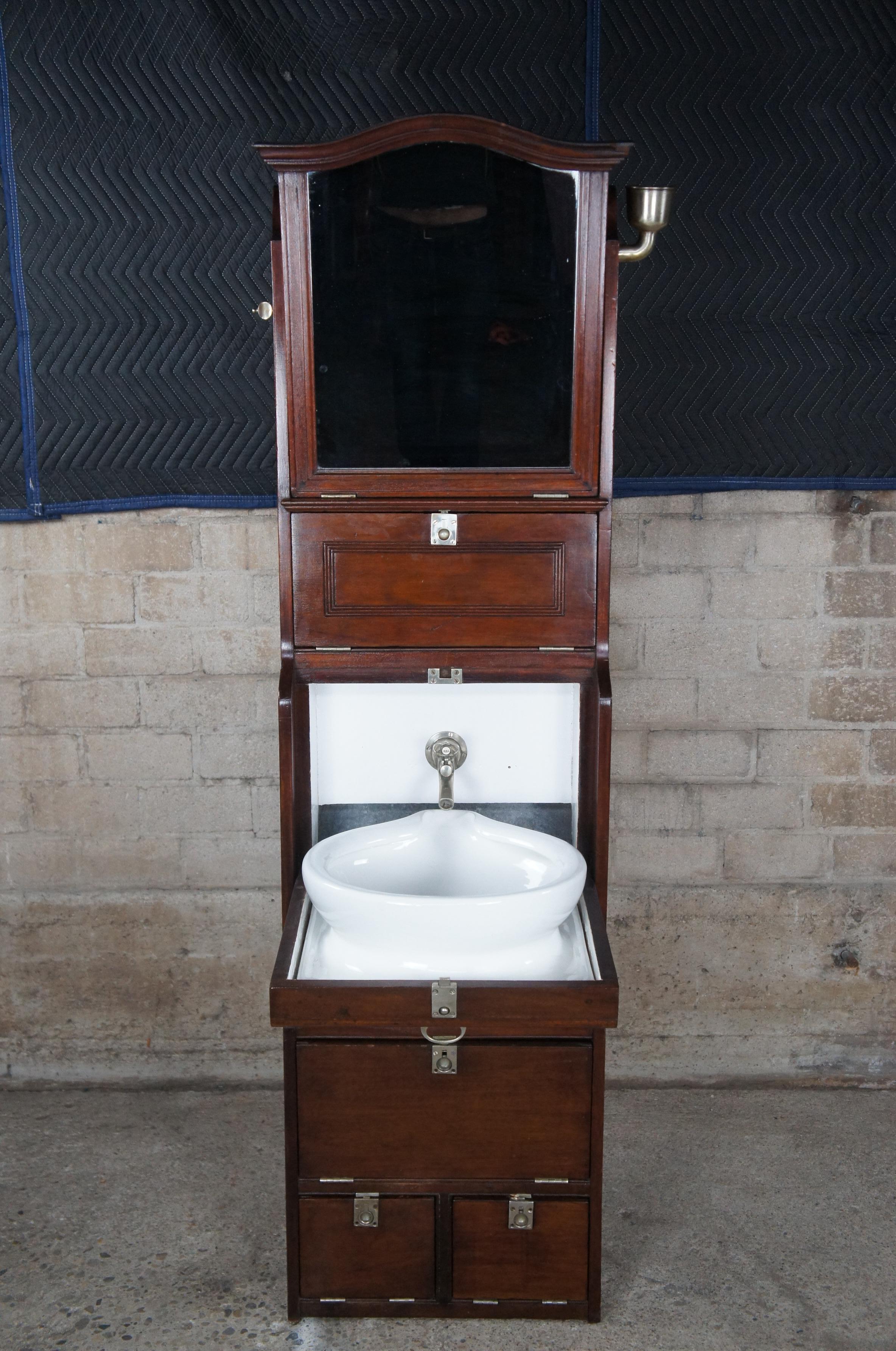 20th Century Antique Mahogany Porcelain Nautical Maritime Boat Cabin Sink Wash Basin Cabinet For Sale