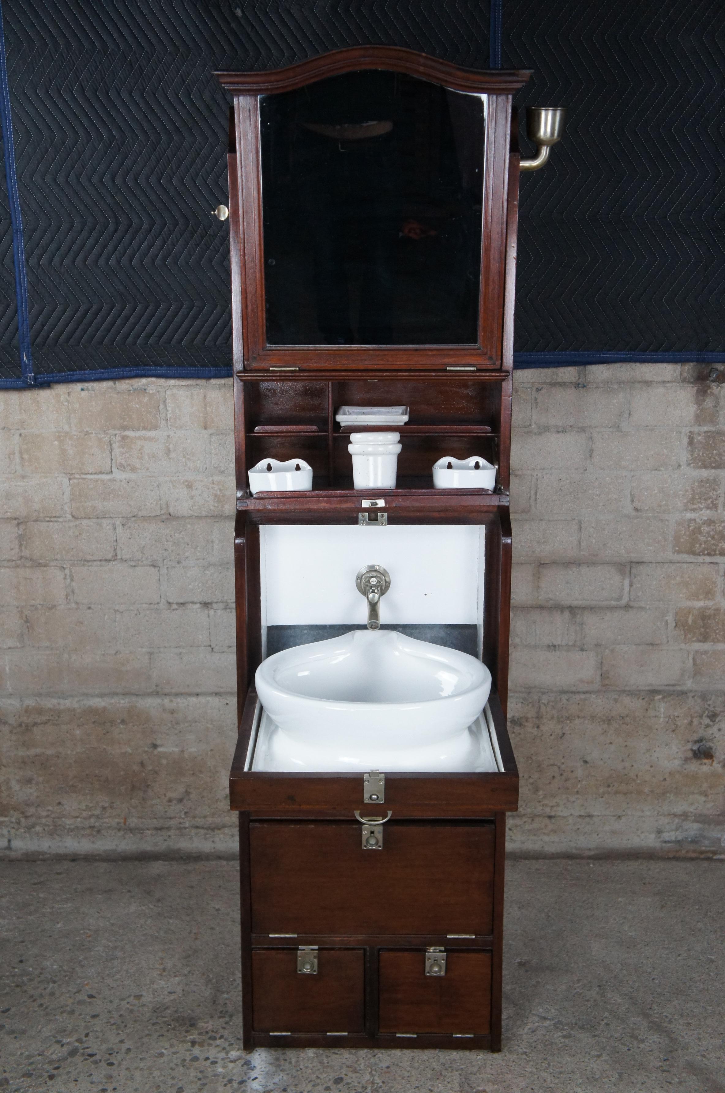 Antique Mahogany Porcelain Nautical Maritime Boat Cabin Sink Wash Basin Cabinet For Sale 1