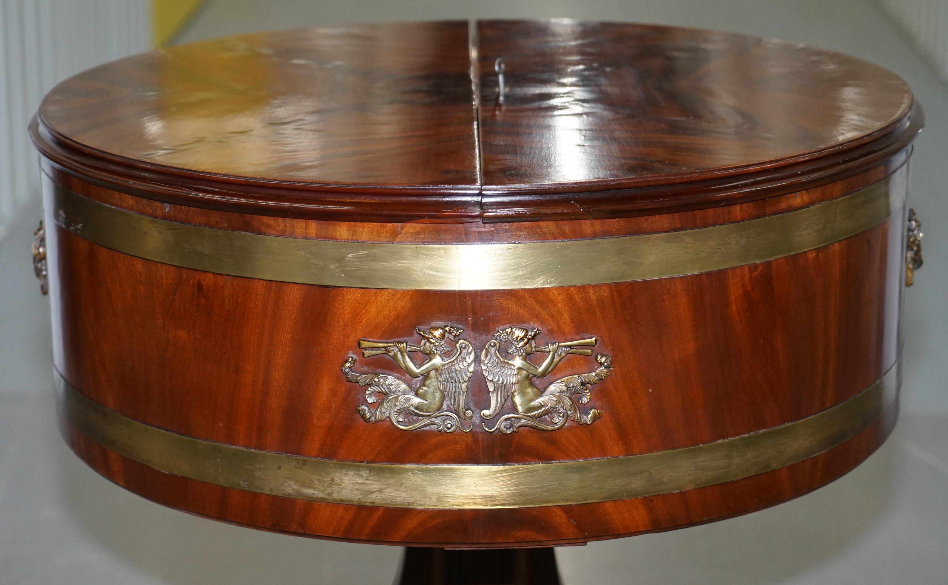Antique Mahogany Regency Bronze & Brass Drum Side Table Top Opens Drinks Store 4