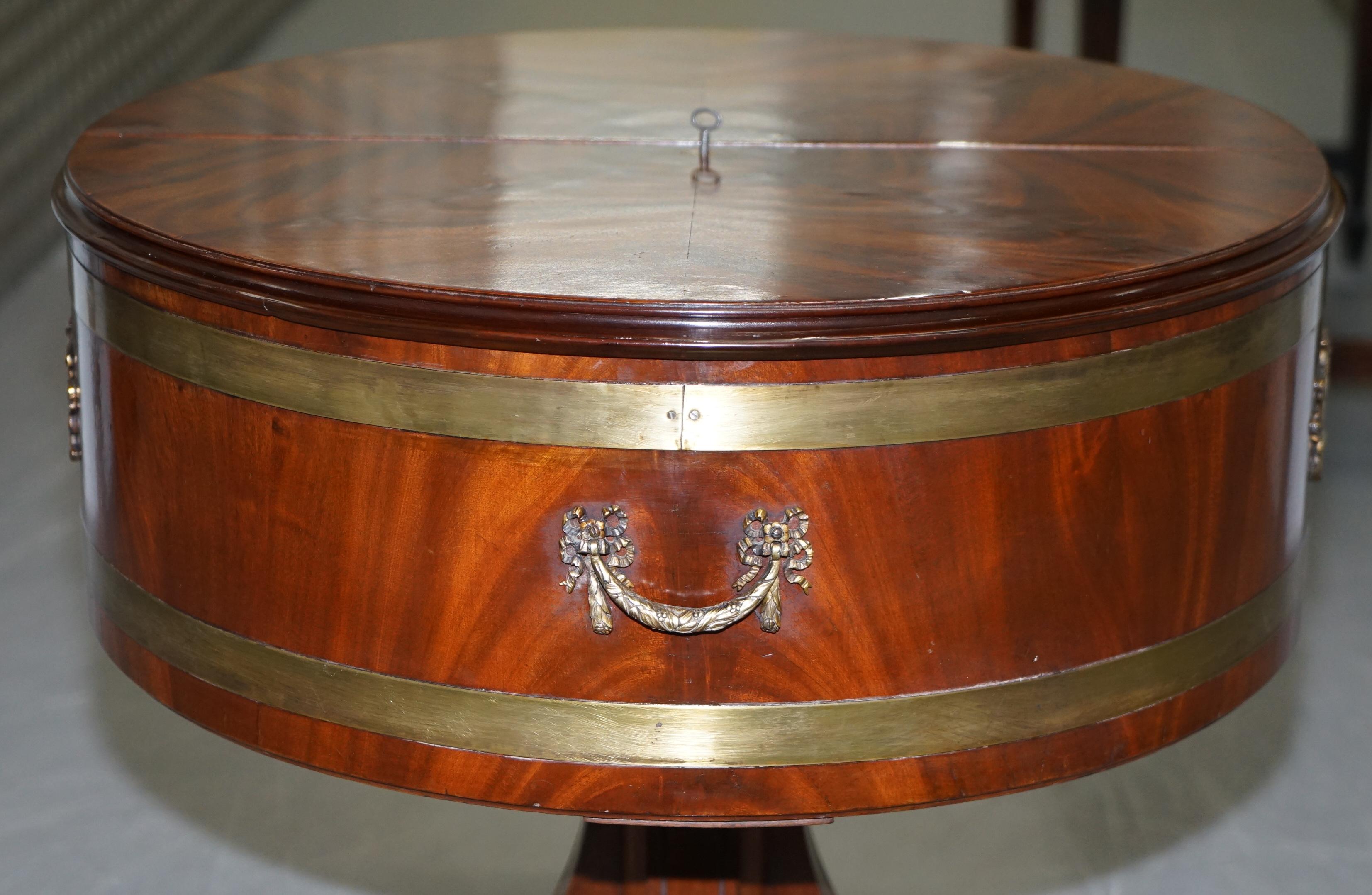 Antique Mahogany Regency Bronze & Brass Drum Side Table Top Opens Drinks Store 9