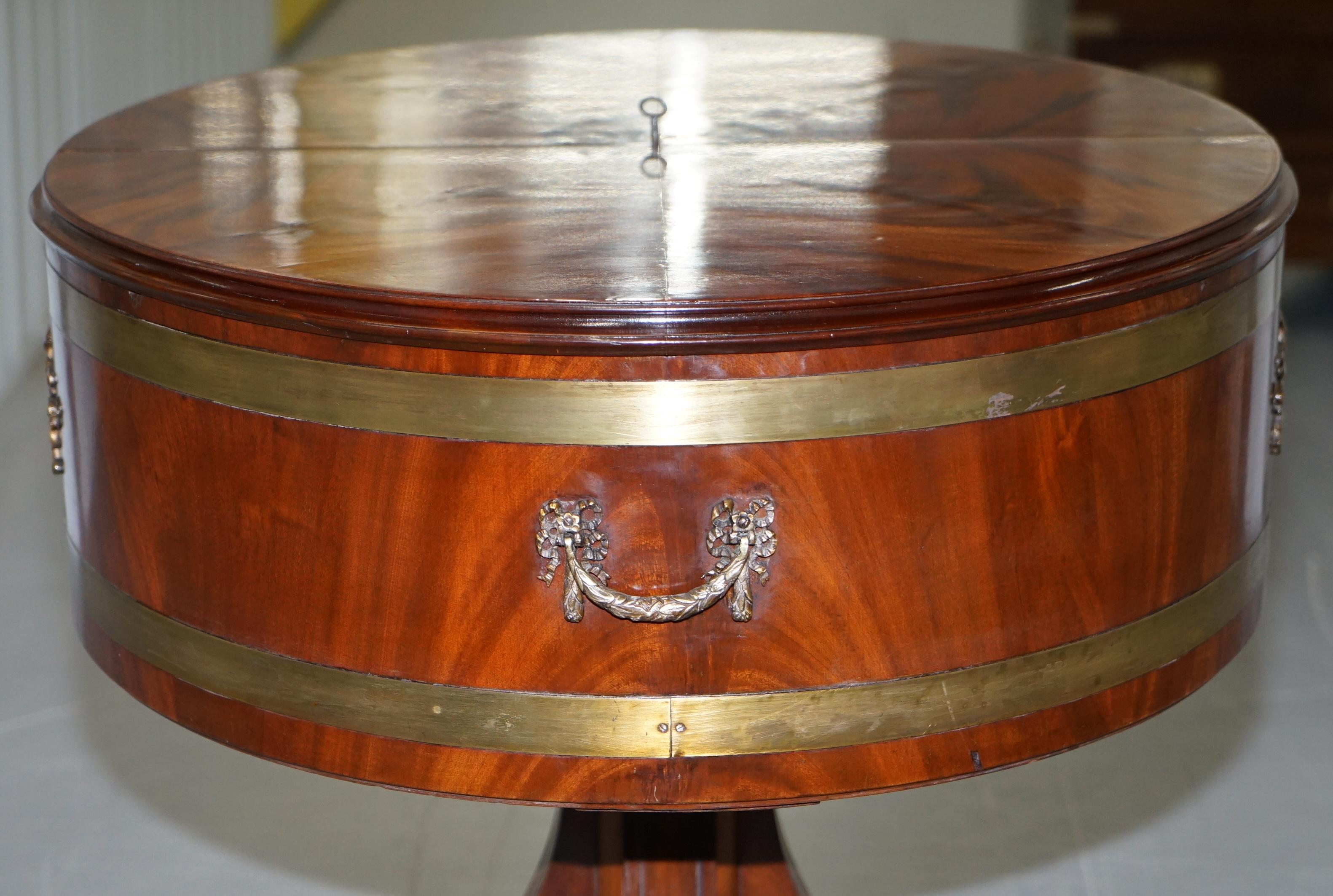 Antique Mahogany Regency Bronze & Brass Drum Side Table Top Opens Drinks Store 11