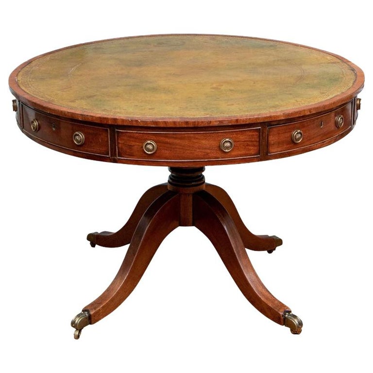Antique Mahogany Revolving Leather Top, Antique Round Leather Top Table