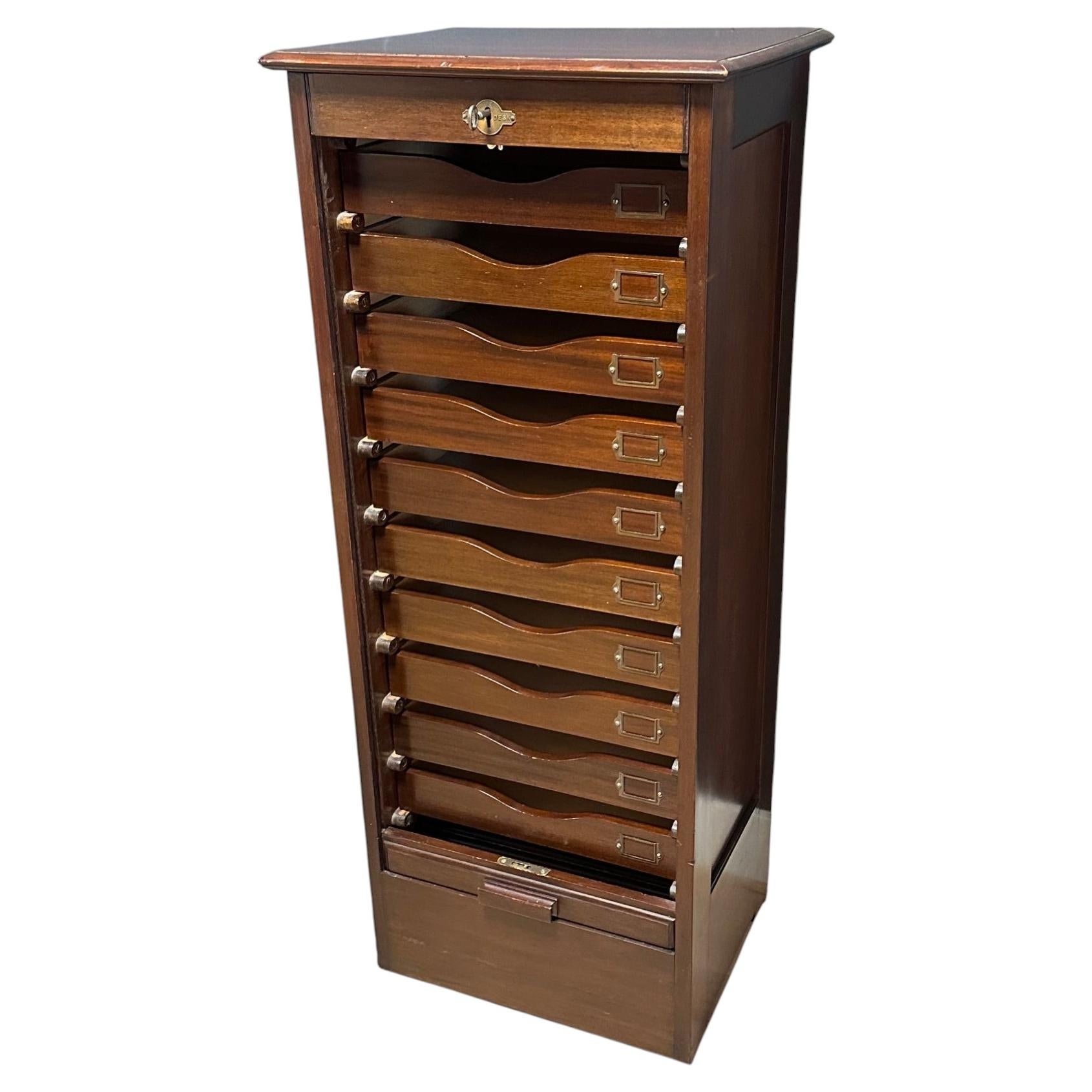 Antique mahogany roll-top filing cabinet with 10 drawers