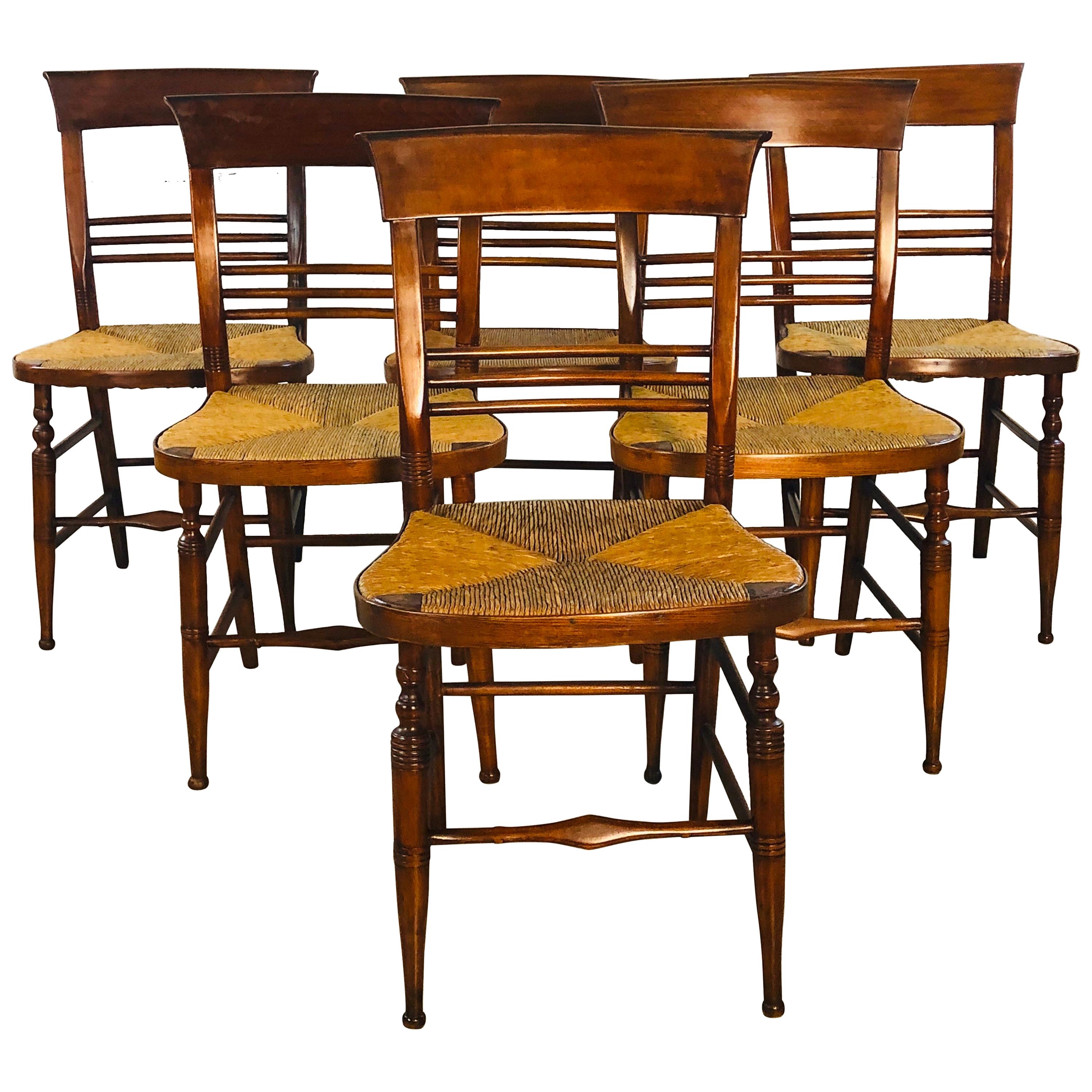 Antique Mahogany Rush Seat Dining Chairs, Set of 6