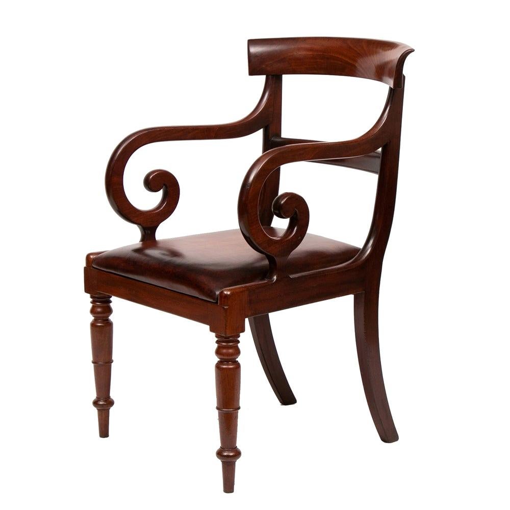 Antique Mahogany Scrolled Arm Carver Chair, c.1850 For Sale