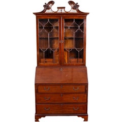 Ancienne bibliothèque secrétaire en acajou avec portes en verre à meneaux