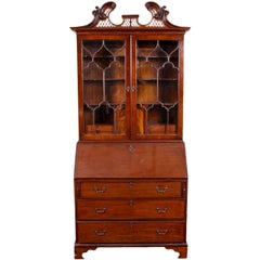 Antique Mahogany Secretary Bookcase with Mullion Glass Doors