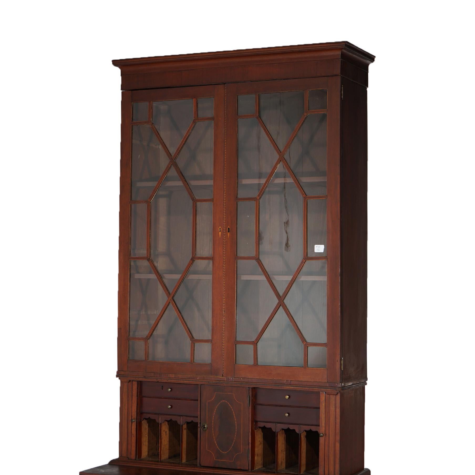 English Antique Mahogany Secretary Mullioned Bookcase with Tambour Doors c1800