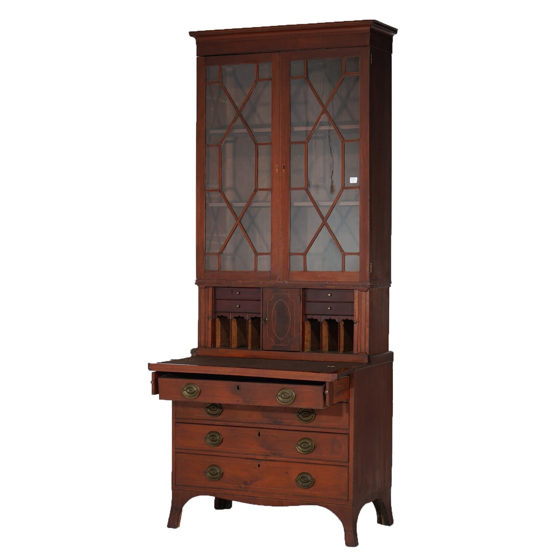 Glass Antique Mahogany Secretary Mullioned Bookcase with Tambour Doors c1800