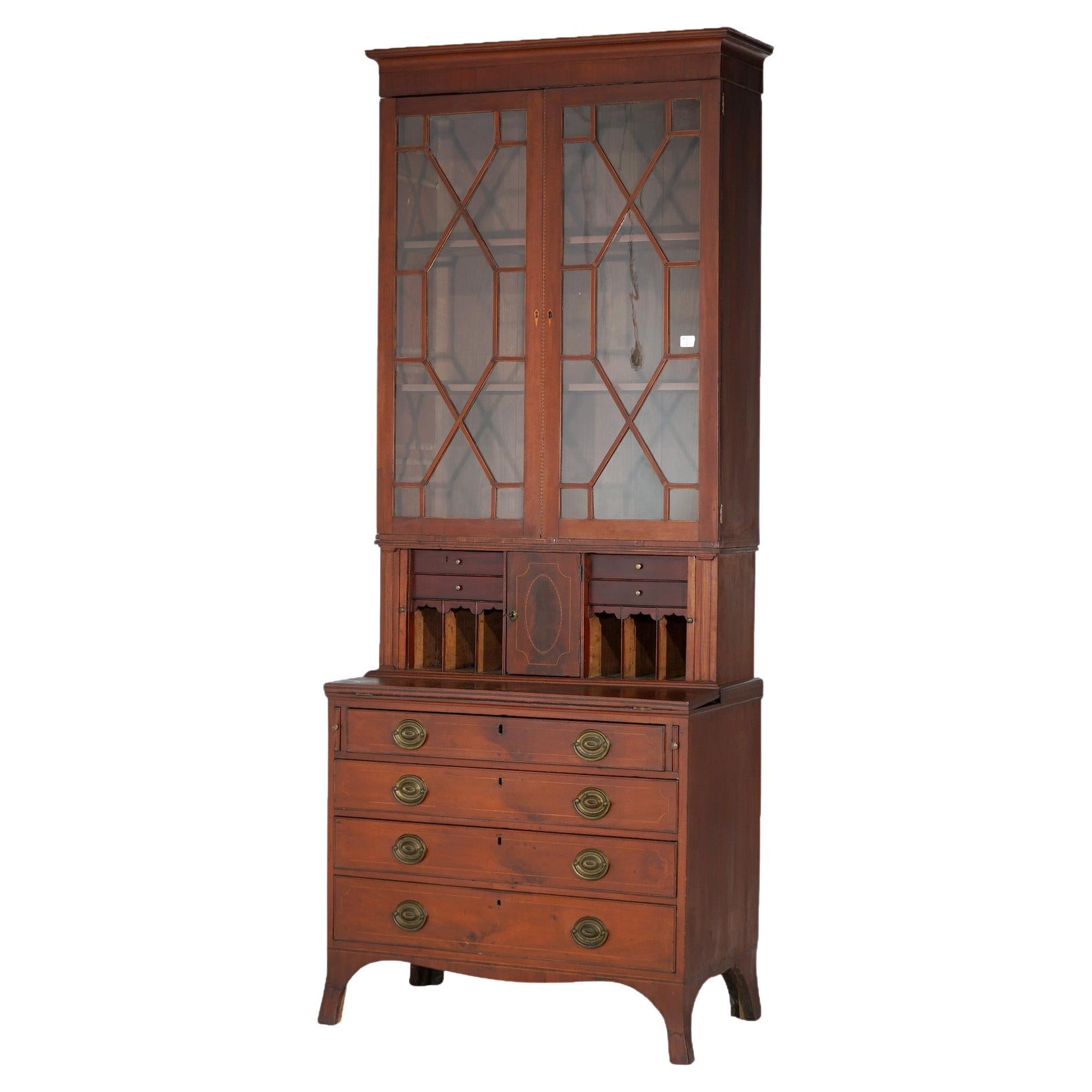 Antique Mahogany Secretary Mullioned Bookcase with Tambour Doors c1800