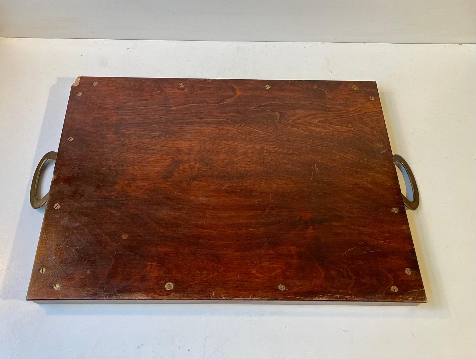 Brass Antique Mahogany Serving Tray with Cuban Cigar Bands, 1920s For Sale
