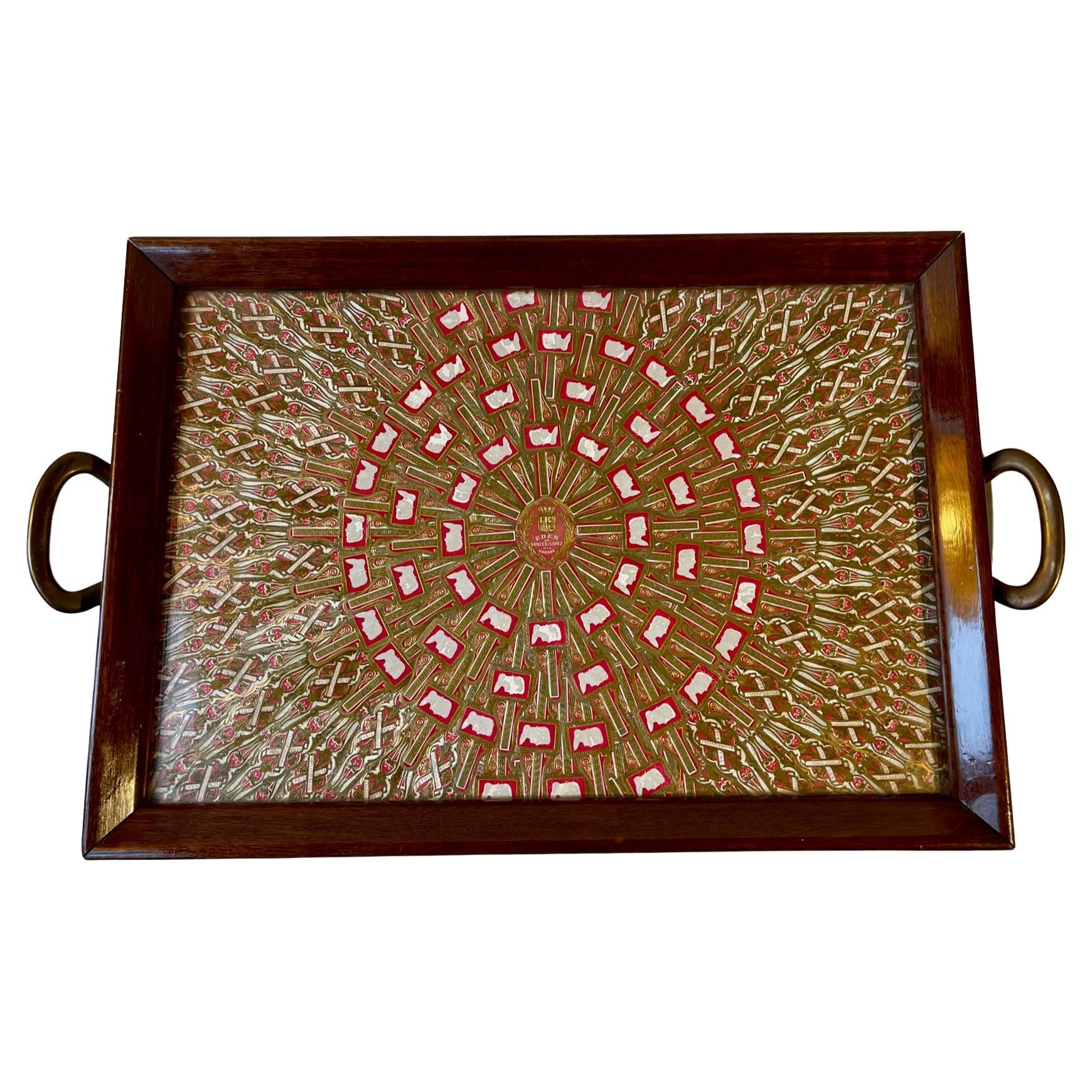 Antique Mahogany Serving Tray with Cuban Cigar Bands, 1920s For Sale