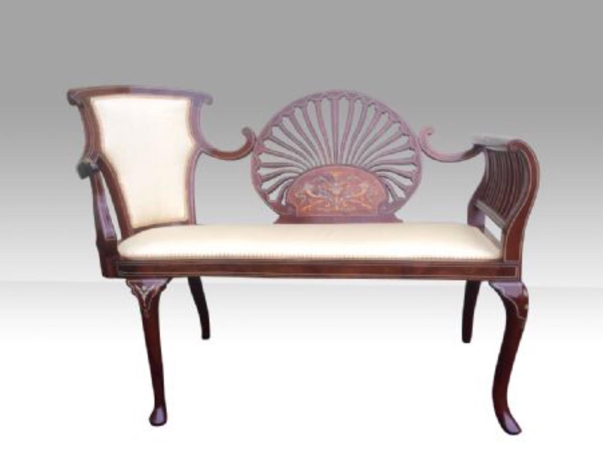 Fantastic quality Mahogany Edwardian Period Settee of small proportions with fine Floral and line inlay , central pierced Fan back ,swept arms and Cabriole legs re-upholstered in light Cream Water mark / Moira .fabric.
English
In perfect beautiful