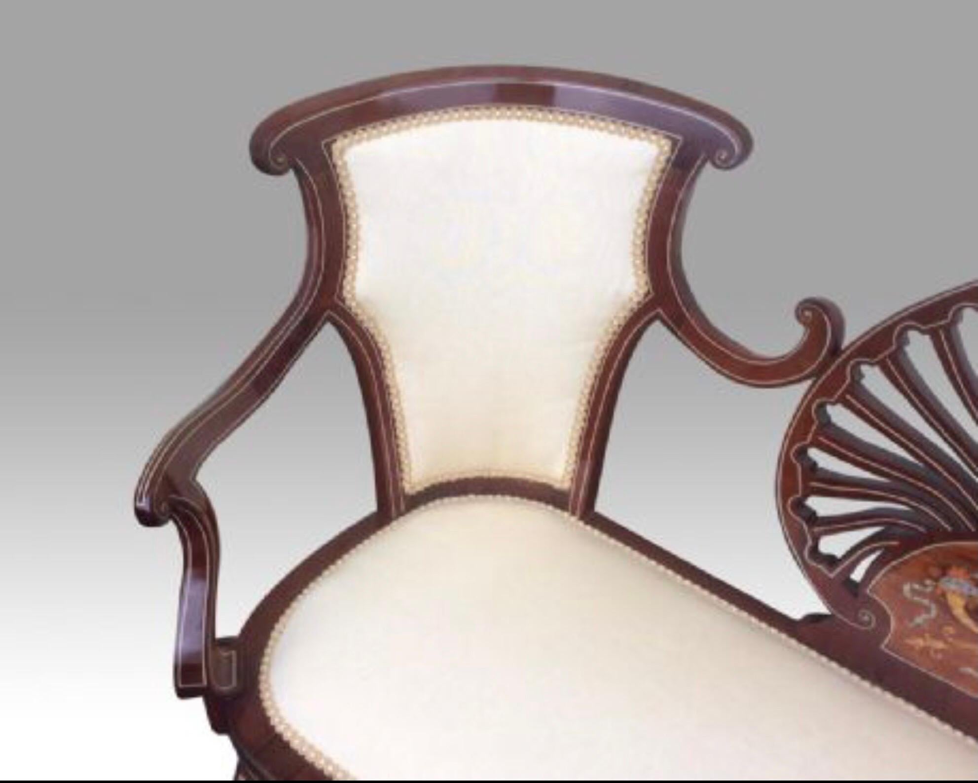 Edwardian Antique Mahogany Settee Window Seat with Fine Floral and Line Inlay Detail For Sale
