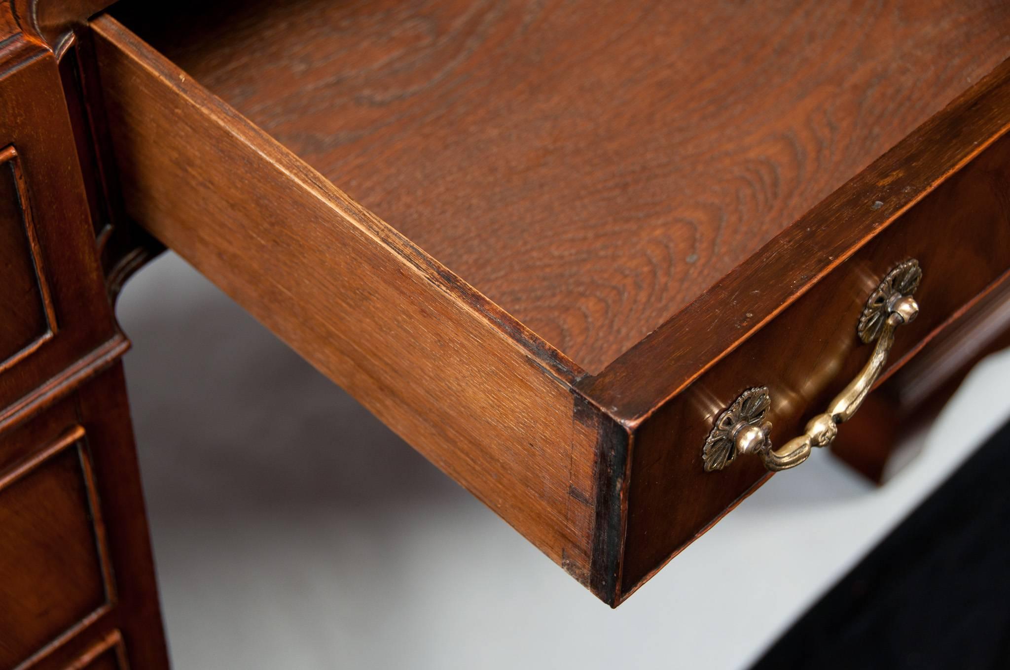 English Antique Mahogany Shaped Front Pedestal Writing Desk