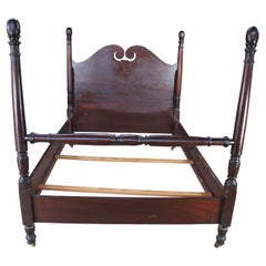 Antique Mahogany Sheraton Style Full Size 4 Post Open Pediment Bed