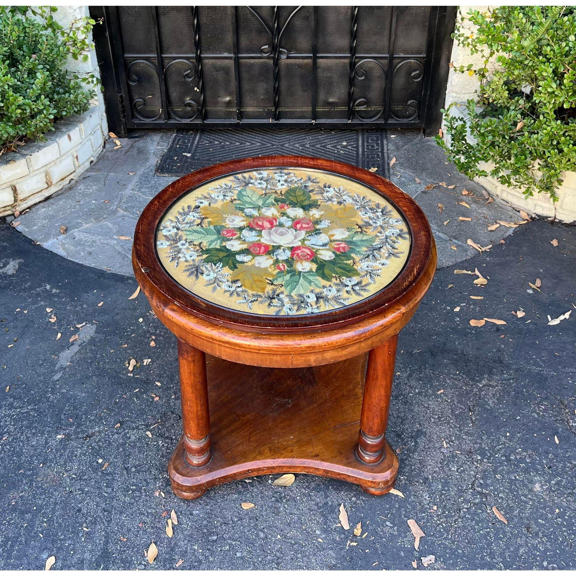 Antique Mahogany Side Table W Petitoint & Glass Tray Top. It features a removable tray top with a petit needlepoint under glass

Additional information: 
Materials: Glass, Mahogany
Color: Brown
Period: 19th Century
Styles: Victorian
Table Shape: