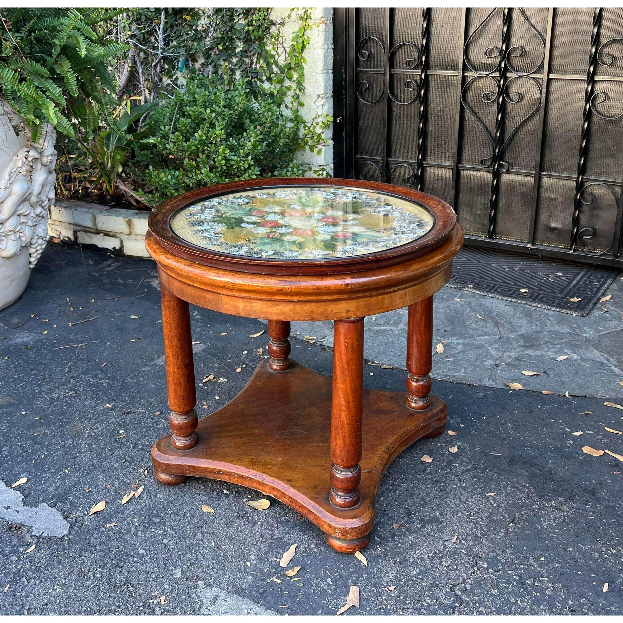 Victorian Antique Mahogany Side Table with Petit Needlepoint & Glass Tray Top