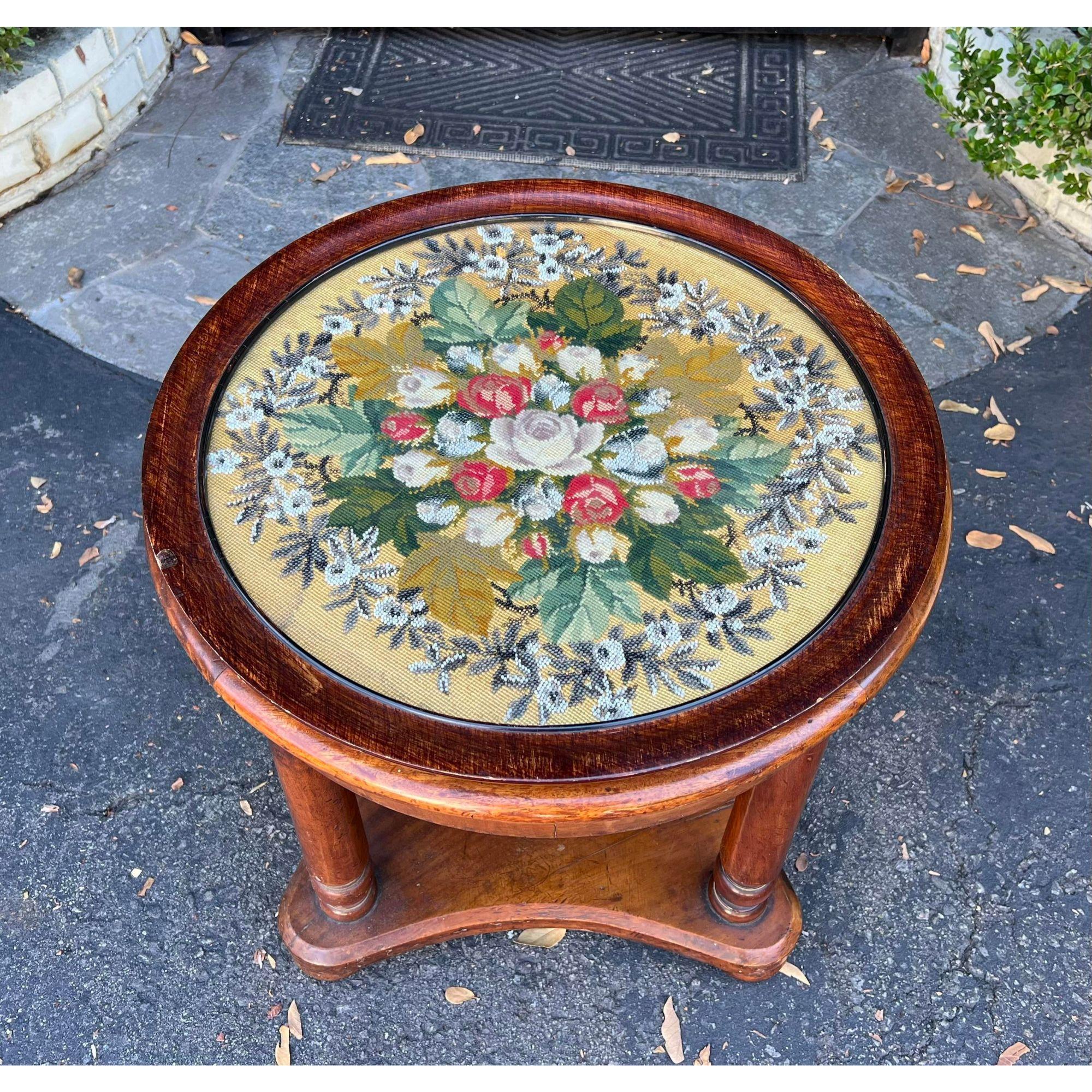 19th Century Antique Mahogany Side Table with Petit Needlepoint & Glass Tray Top