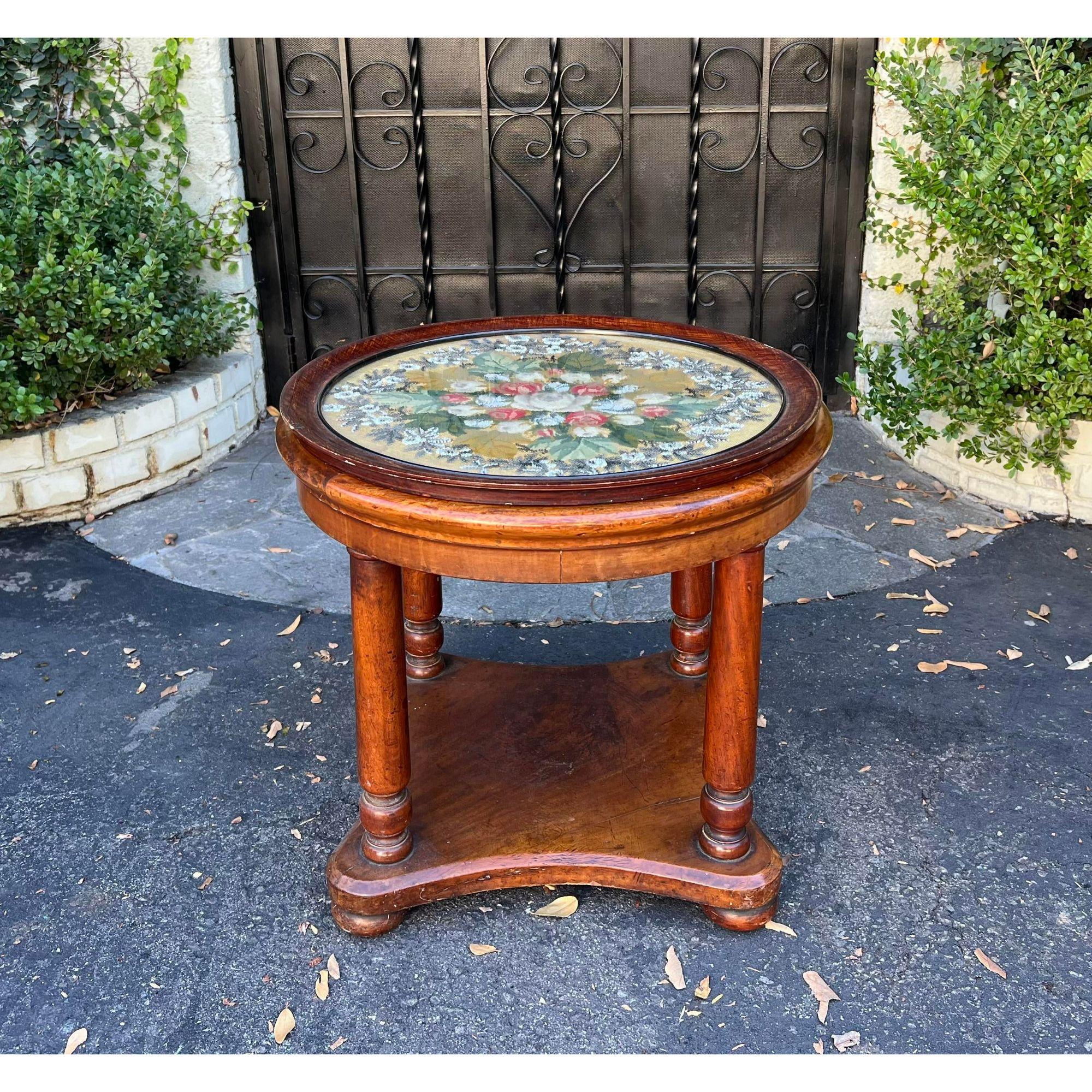 Antique Mahogany Side Table with Petit Needlepoint & Glass Tray Top 1