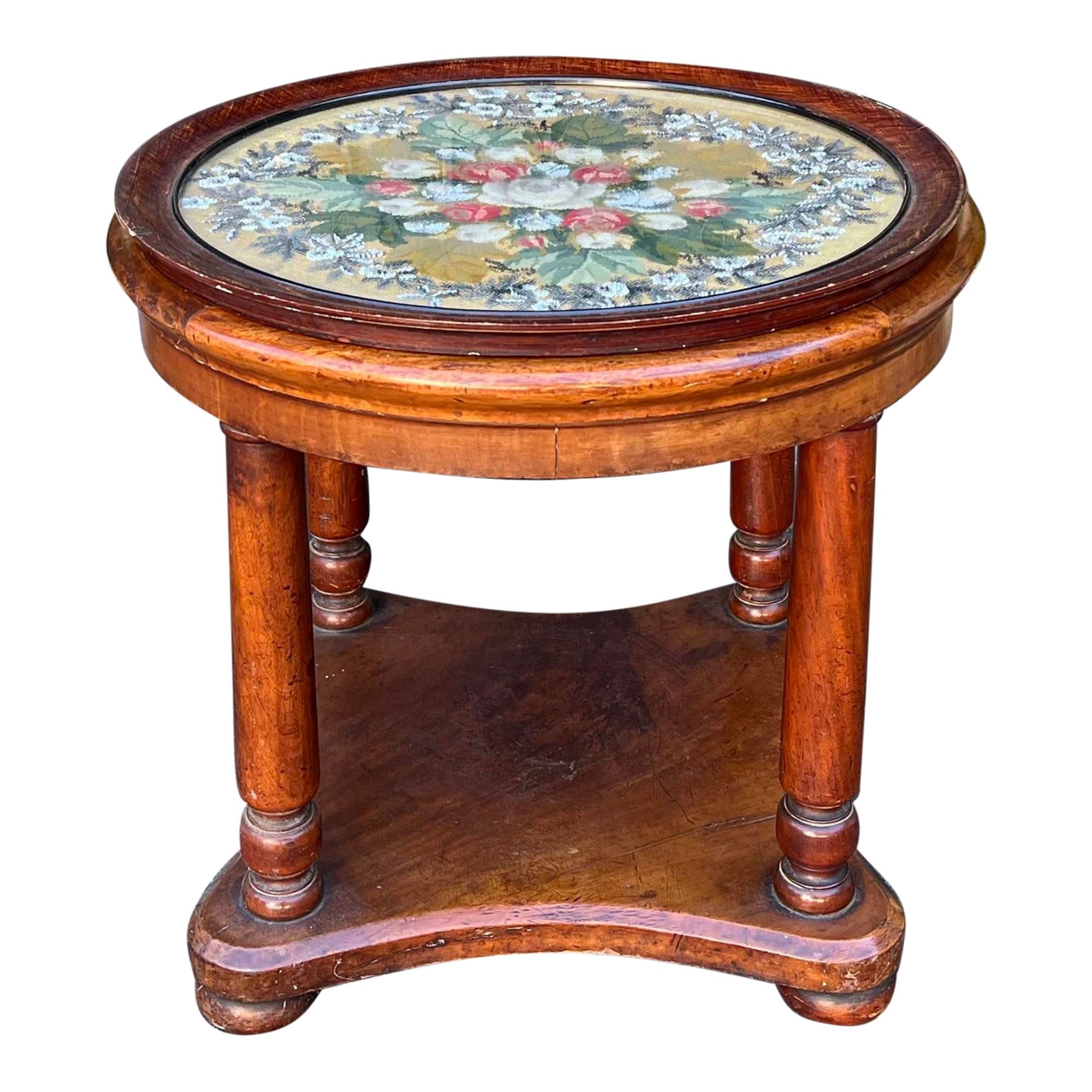 Antique Mahogany Side Table with Petit Needlepoint & Glass Tray Top