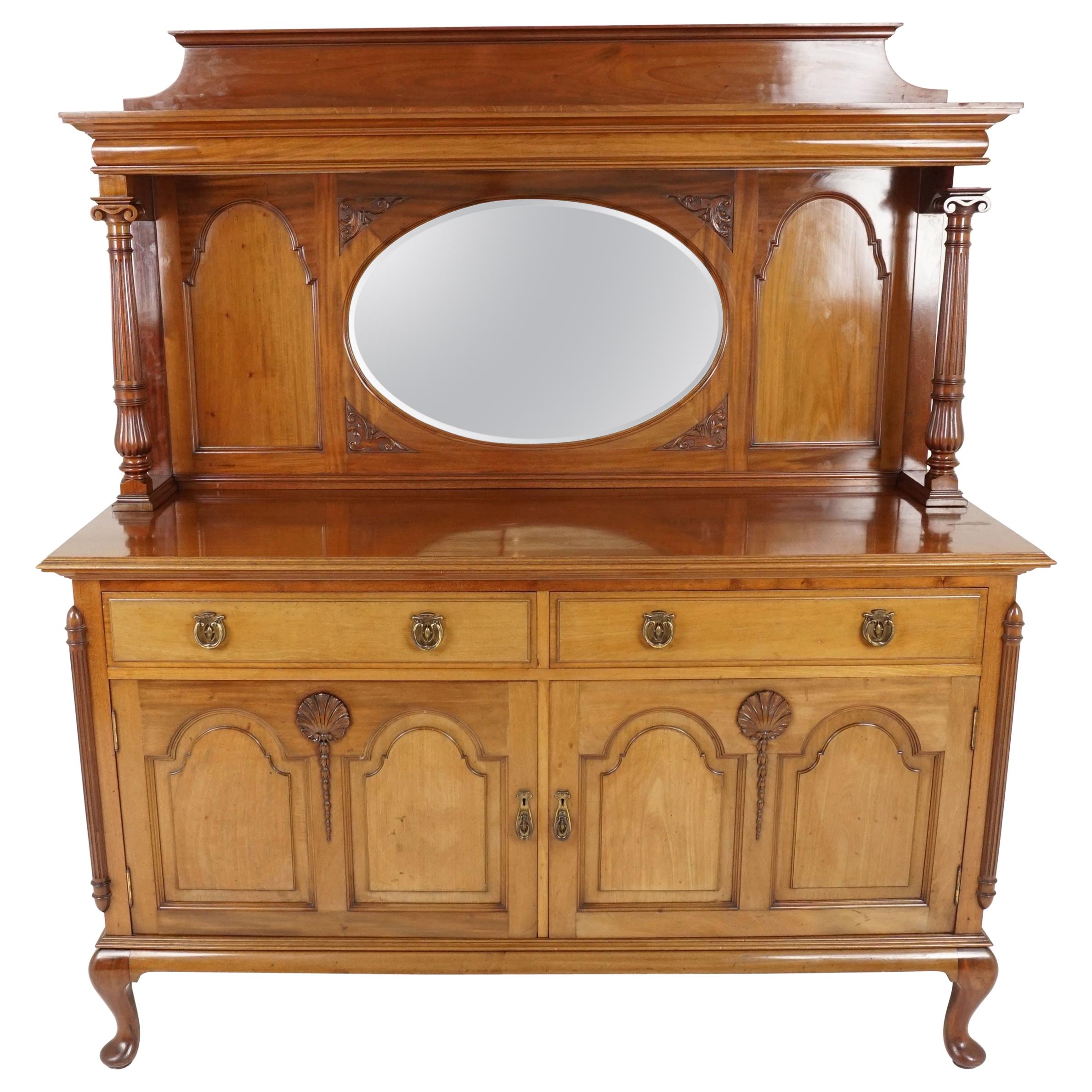 Antique Walnut Sideboard, Mirror Back, Carved Art Nouveau Buffet, 1920s, H134 For Sale