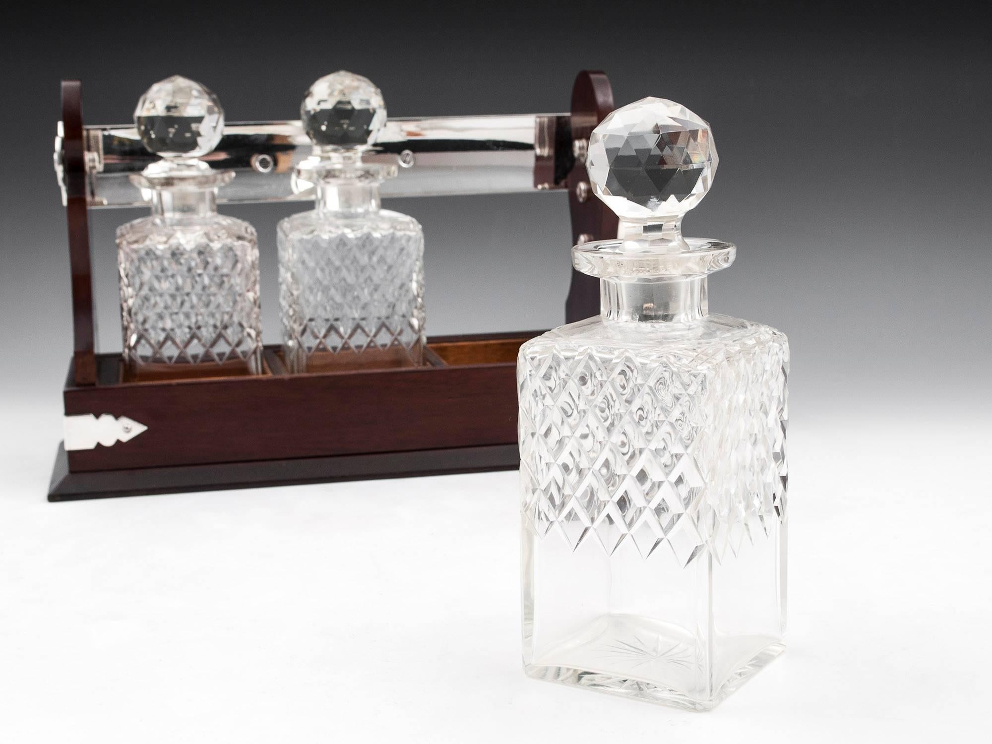 Antique Mahogany Silver-Plate Three Bottle Crystal Glass Tantalus, 20th Century 3