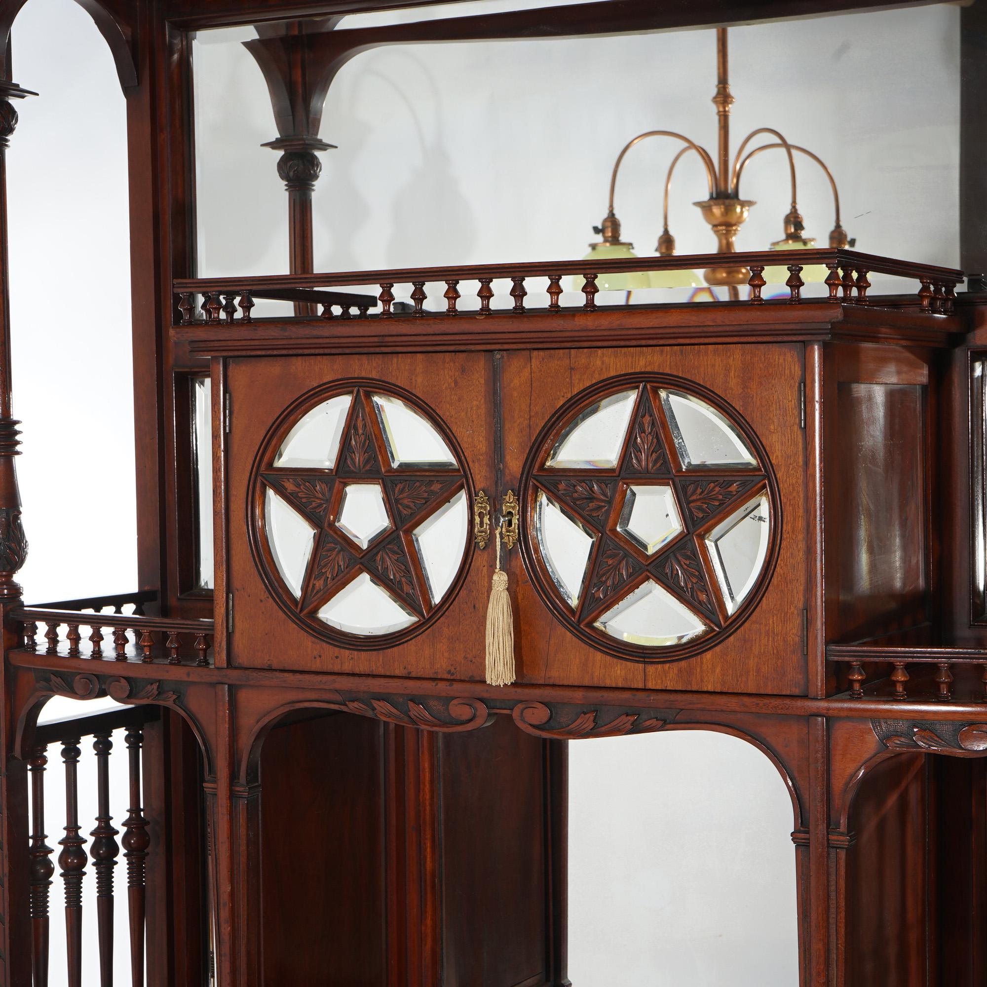 Carved Antique Mahogany Star Pentagram Etagere with Mirrors, Spindles & Eagles C1900 For Sale