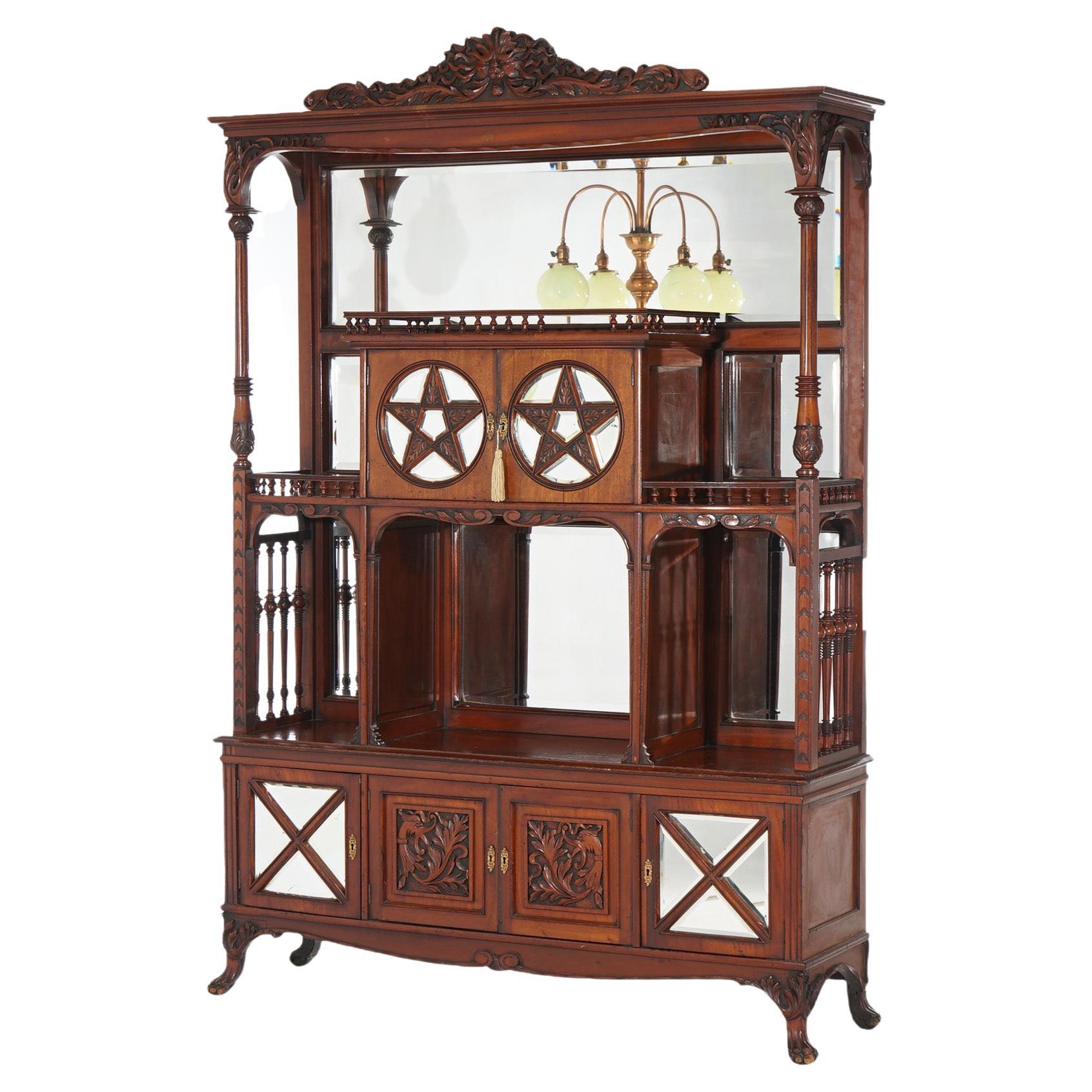 Antique Mahogany Star Pentagram Etagere with Mirrors, Spindles & Eagles C1900 For Sale
