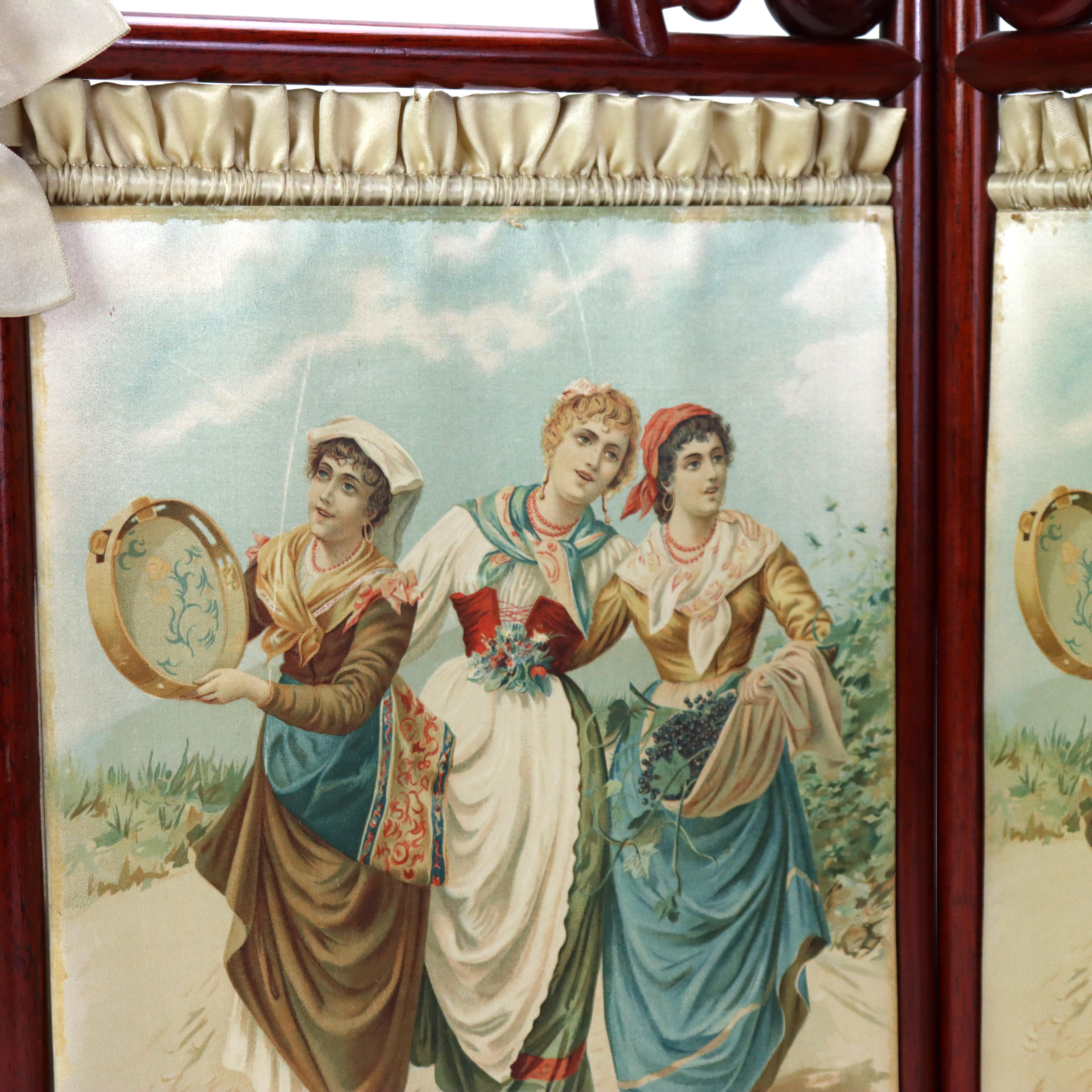 Antico paravento da tavolo Stick and Ball in mogano con litografie di dame vittoriane del 1900.   
Misure: 21,25