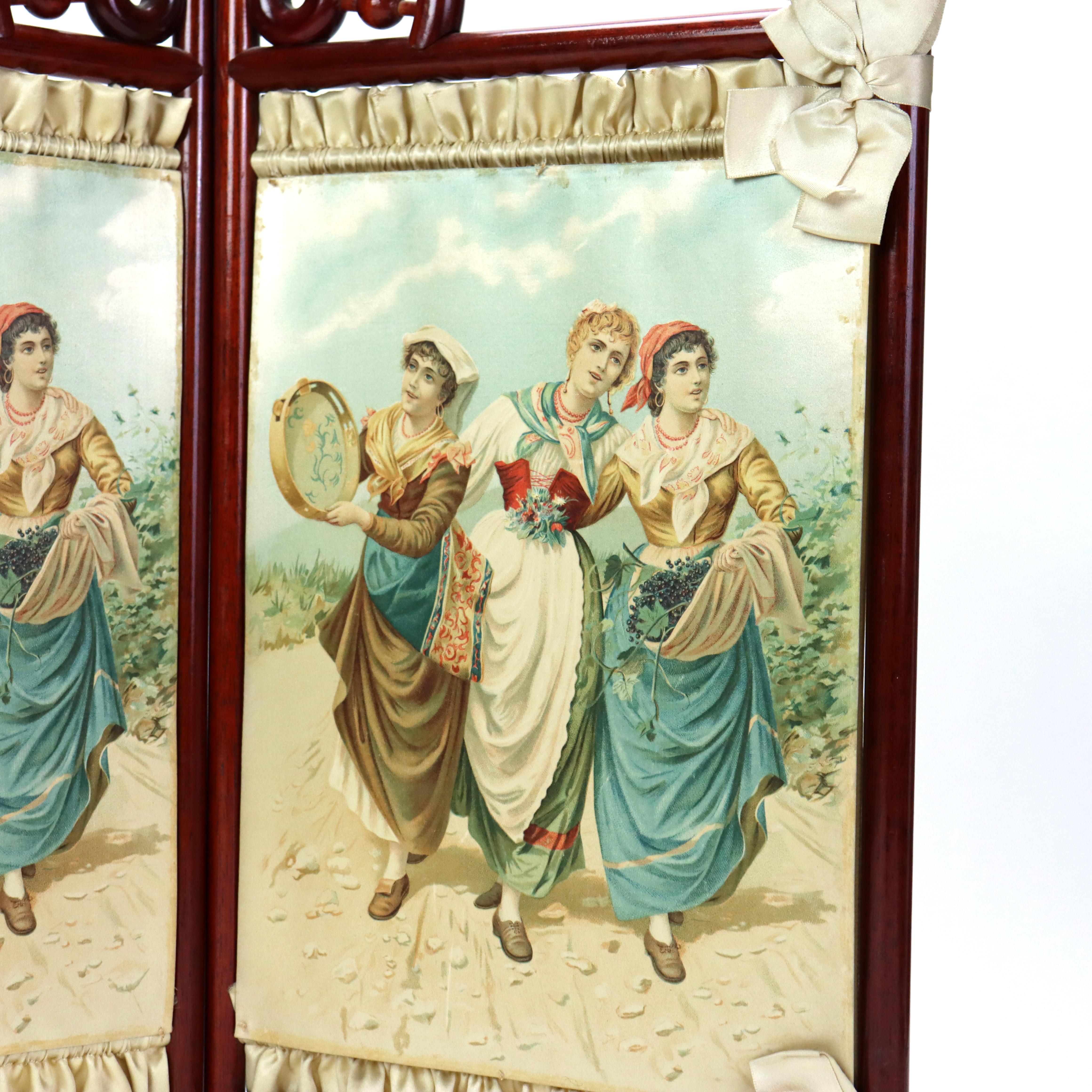 Mogano Antico paravento da tavolo Stick and Ball in mogano con litografie C1900 in vendita