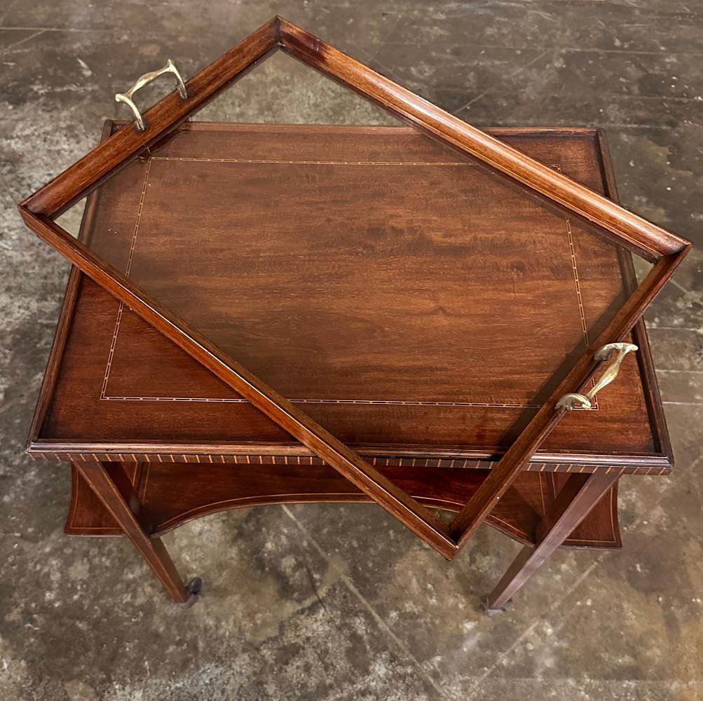 Antique Mahogany Tea ~ Drink Serving Table features shelf below and removable tray above!  In addition, two drop leaves provide a little added width when needed.  Perfect as a drink cart, as well.  Note the solid brass handles attached to the