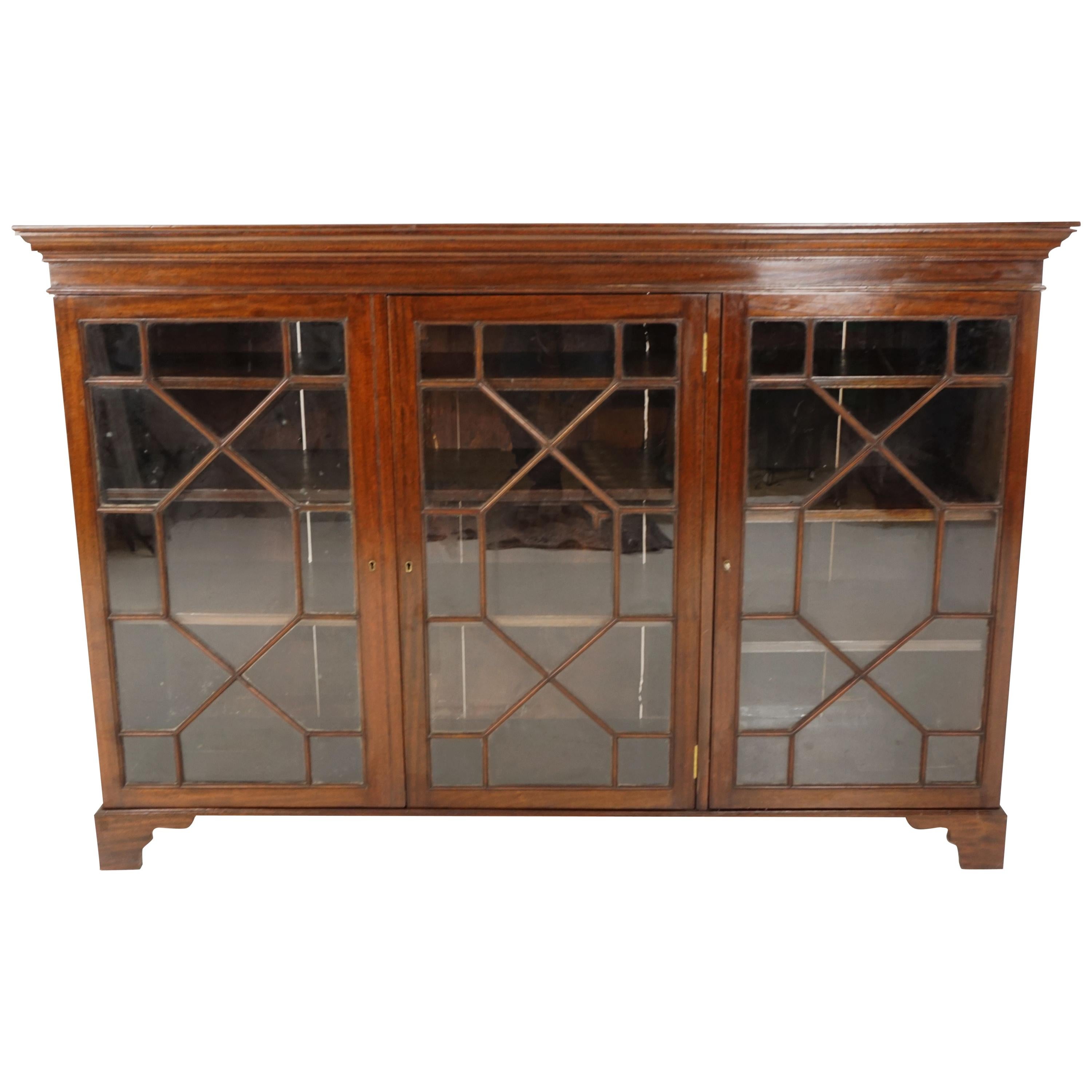 Antique Walnut Three Door Bookcase Display Cabinet, Scotland 1920, B2409