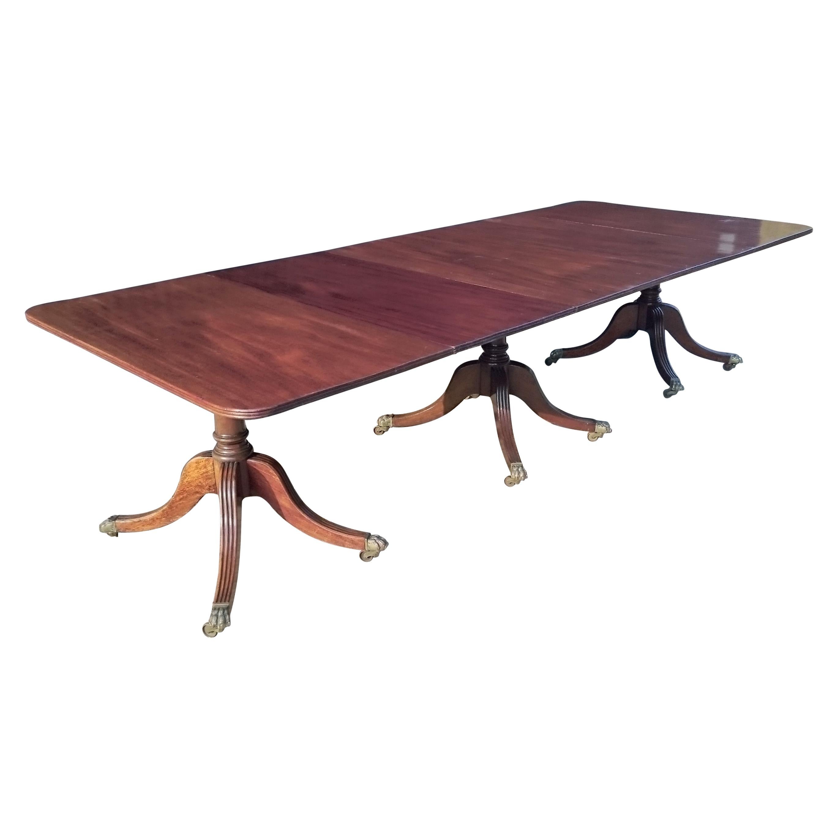Antique Mahogany Three-Pedestal Dining Table For Sale