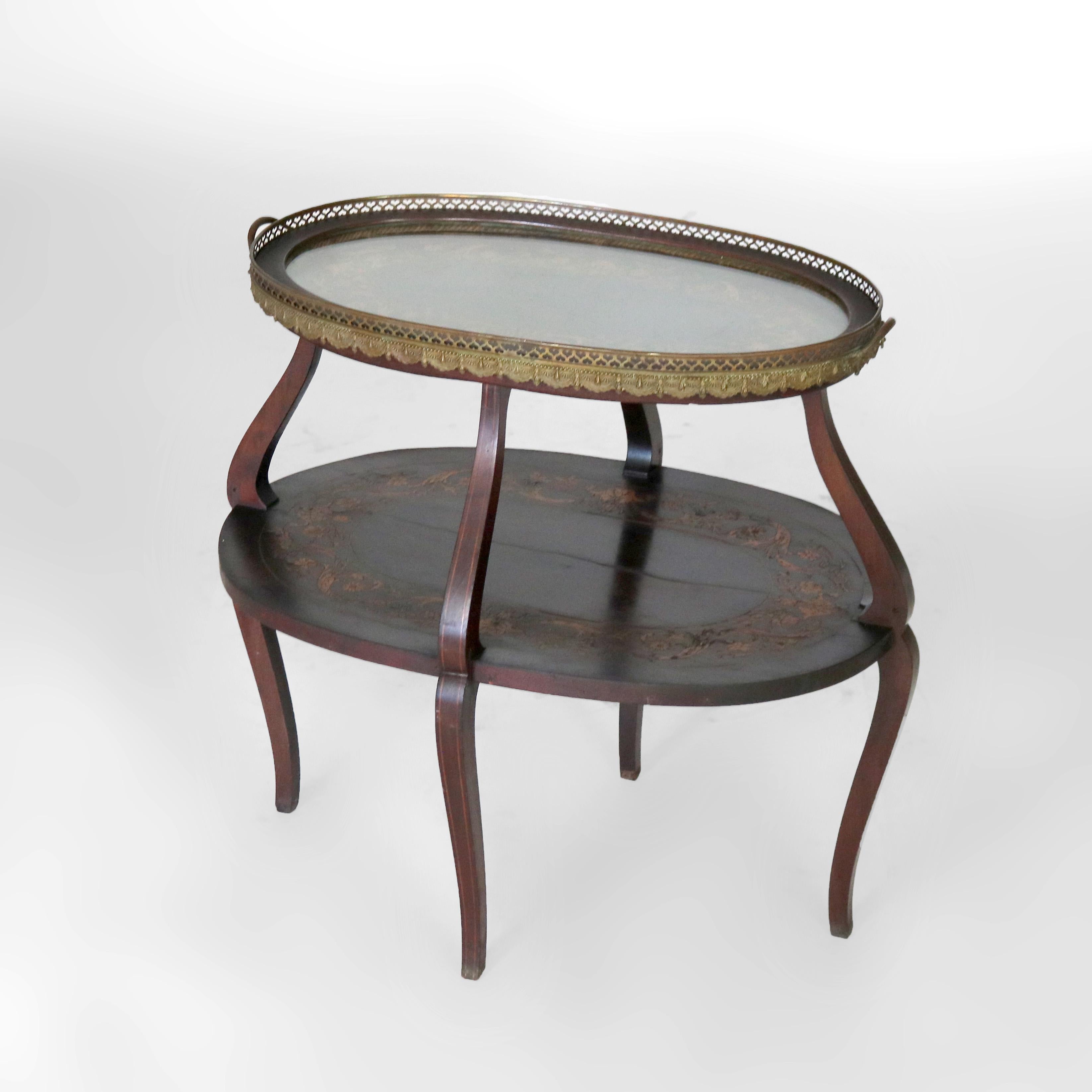 XX secolo Antico tavolo da tè a più livelli in mogano con intarsio floreale in legno di raso C1920 in vendita
